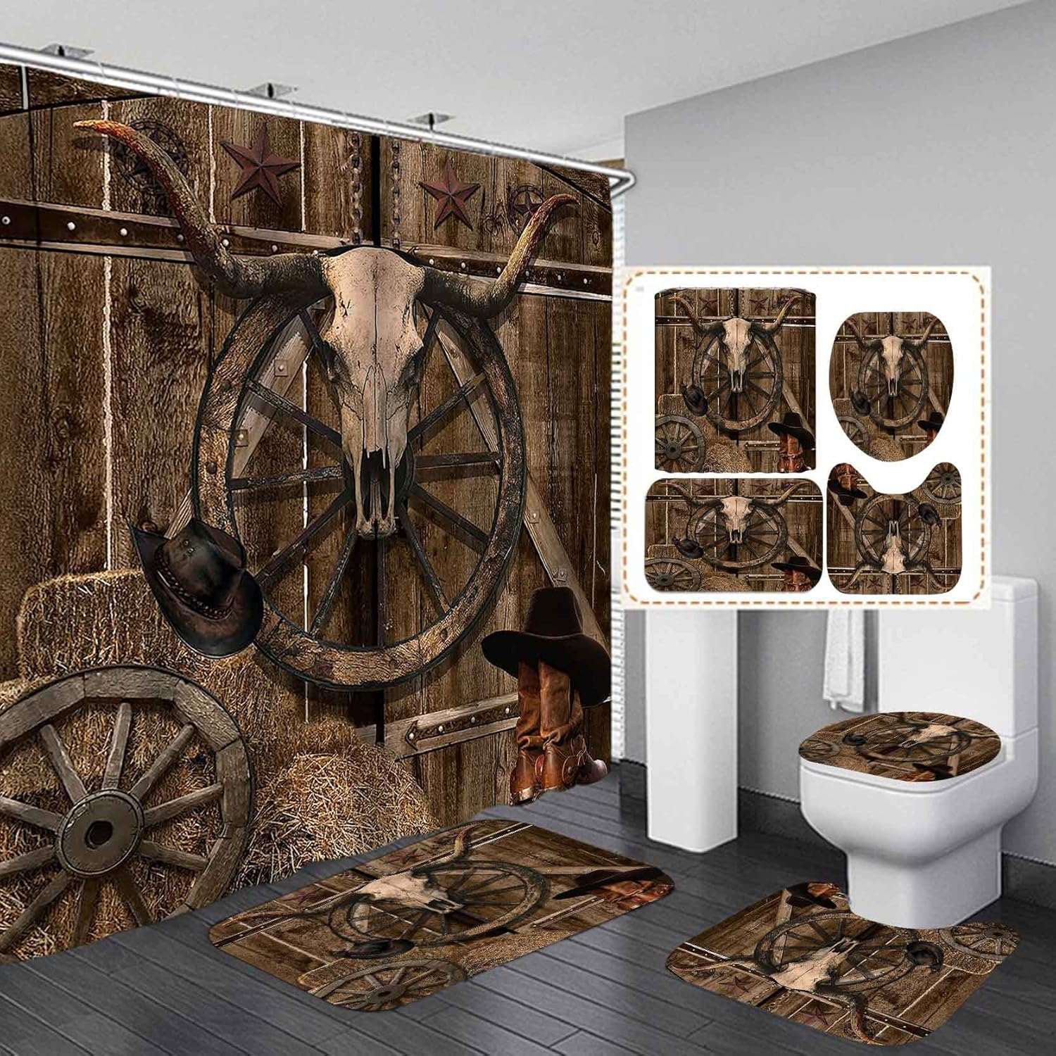 Camille&Andrew 4PCS Western Shower Curtain Set, Cow Skull Cowboy Boots Hat Wagon Wheel Barn Door Texas Star Country Rustic Farmhouse Bathroom Decor, Waterproof Fabric Shower Curtain, Non-slip Bath Mat