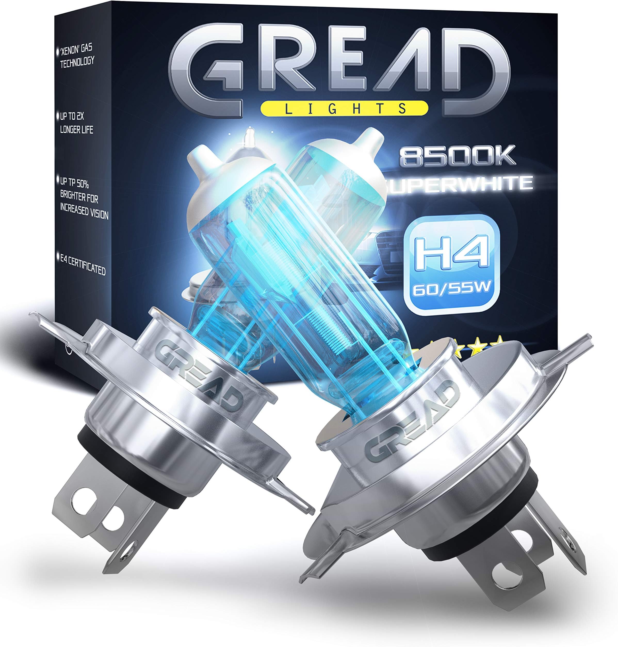 Gread H4 super white, xenon-look halogen lamps, 8500 K, 60/55 W, E-certified