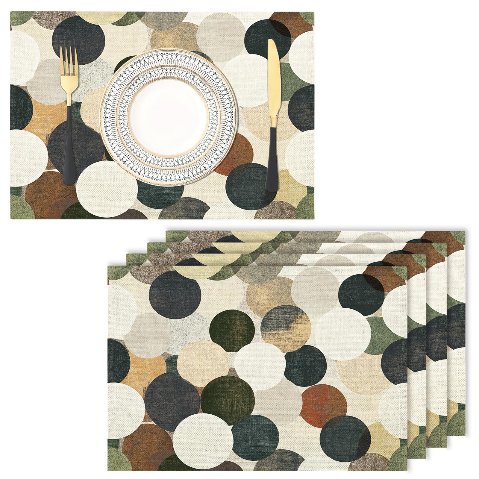 Placemats Washable Set of 8-30 x 45 cm abstract Placemats, round Cotton Linen Hemstitch Place Mats for Table, Kitchen, Dining