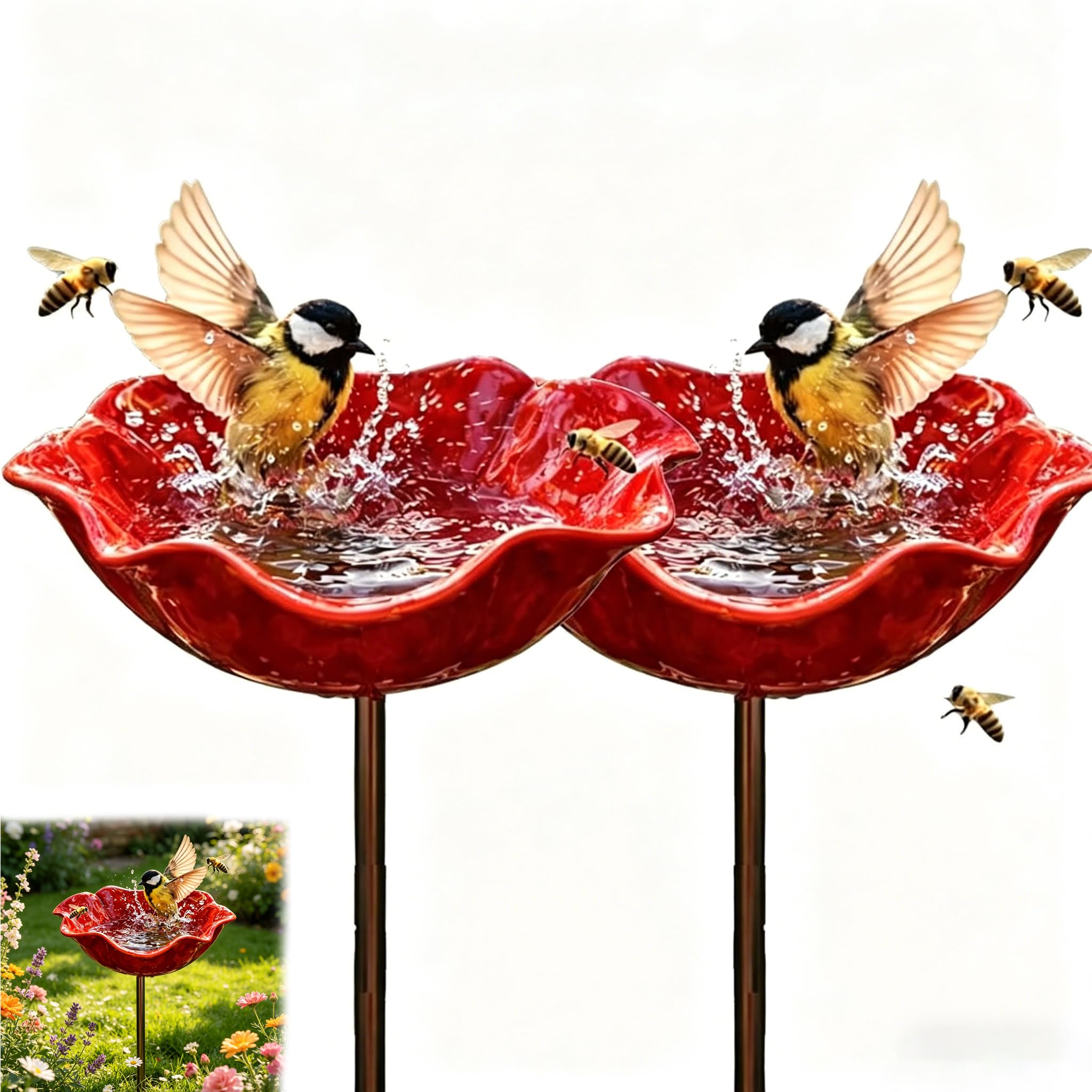 Palo da giardino con fiori in metallo, doppia funzione per abbeveratoio per uccelli e mangiatoia per api, stazione d'acqua colorata per impollinatori esterni per farfalle e api, decorazione per prato