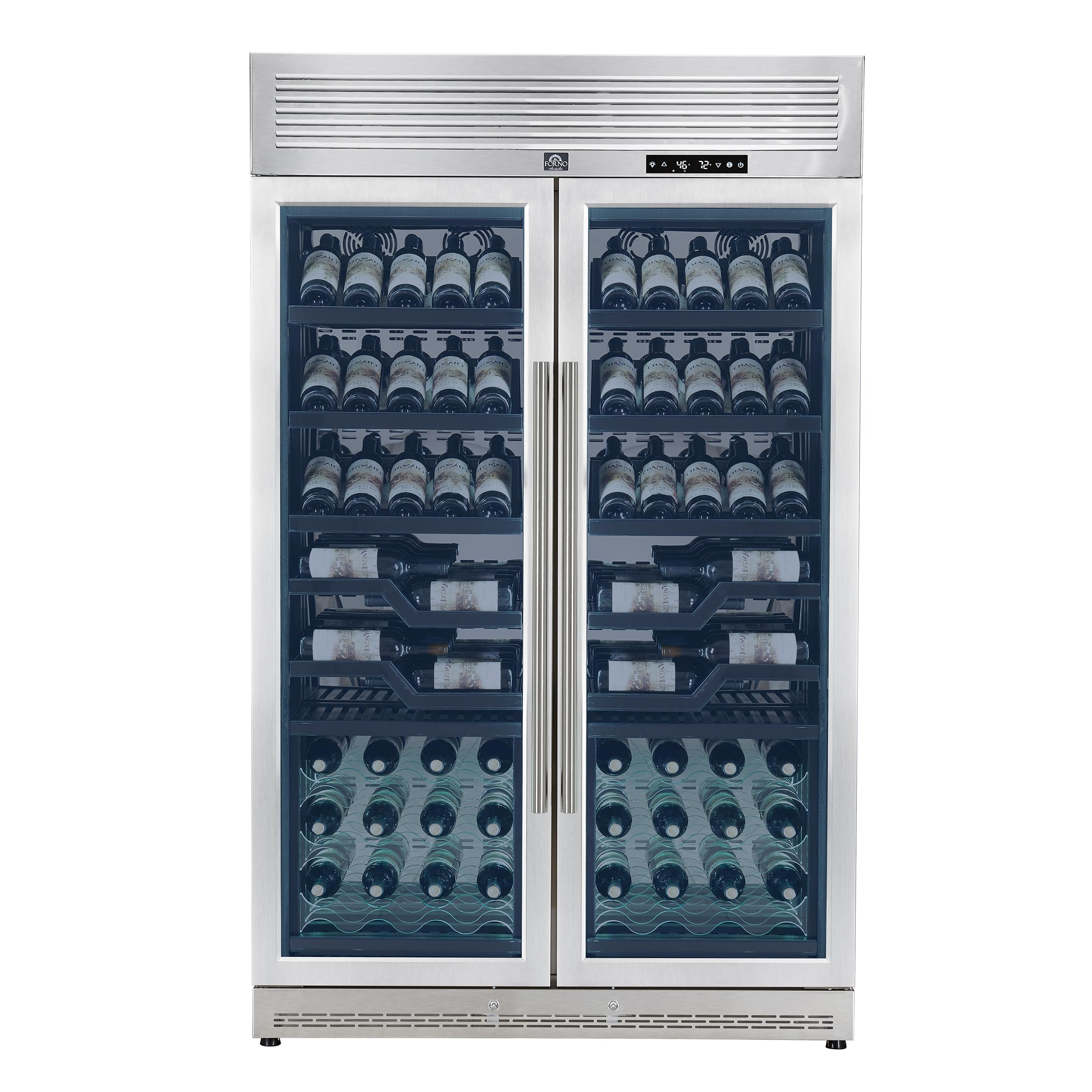 Forno Abruzzo 48" Dual Zone Wine Cellar, 102 Bottle Capacity, 24 Cu. Ft. Built-In Or Freestanding Refrigerator W/Green Acrylic Holders, Black Shelves & Digital Temperature Control - Stainless Steel on Fridge.com - View 2