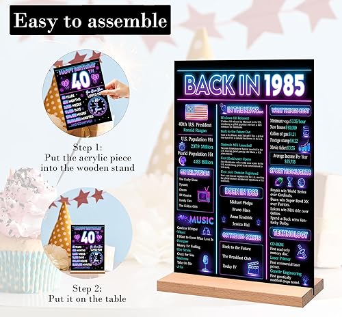 Miniatura 4 de Decoración de fiesta de cumpleaños número 40 para hombres, póster de decoración de cumpleaños de neón en 1985, letrero de mesa acrílico, suministros