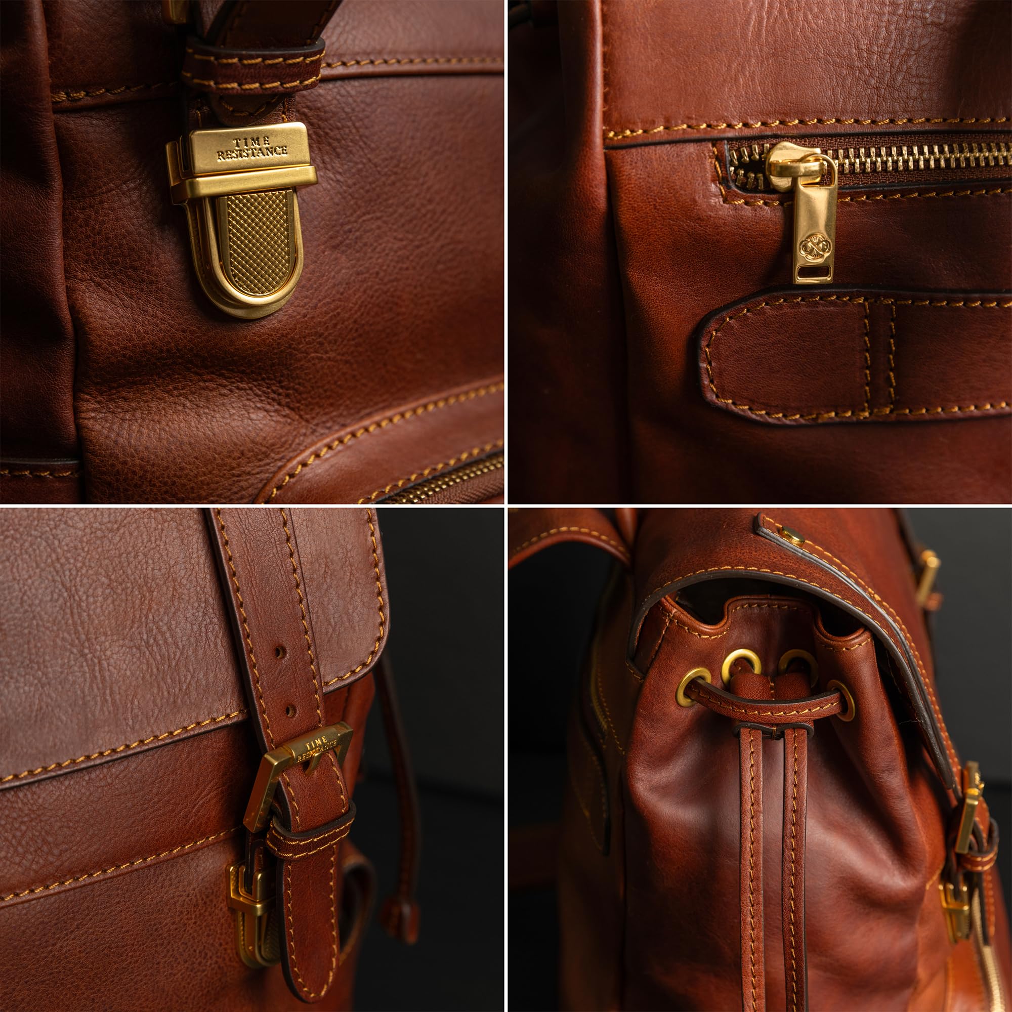 Time Resistance Mochila para Mujer y Hombre - Bolso Casual para el Trabajo, Colegio o Universidad - Cuero de Grano Entero y Correas Ajustables, Color Coñac
