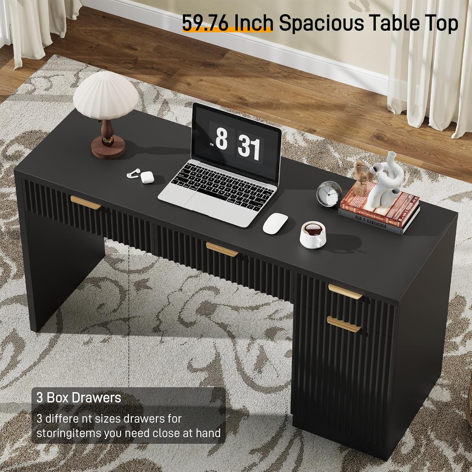 Vabches 60" Executive Desk with Fluted Drawers, Wood Home Office Desk with Storage Cabinet, Fluted Reversible Computer Writing Desk for Study, Living Room,Black