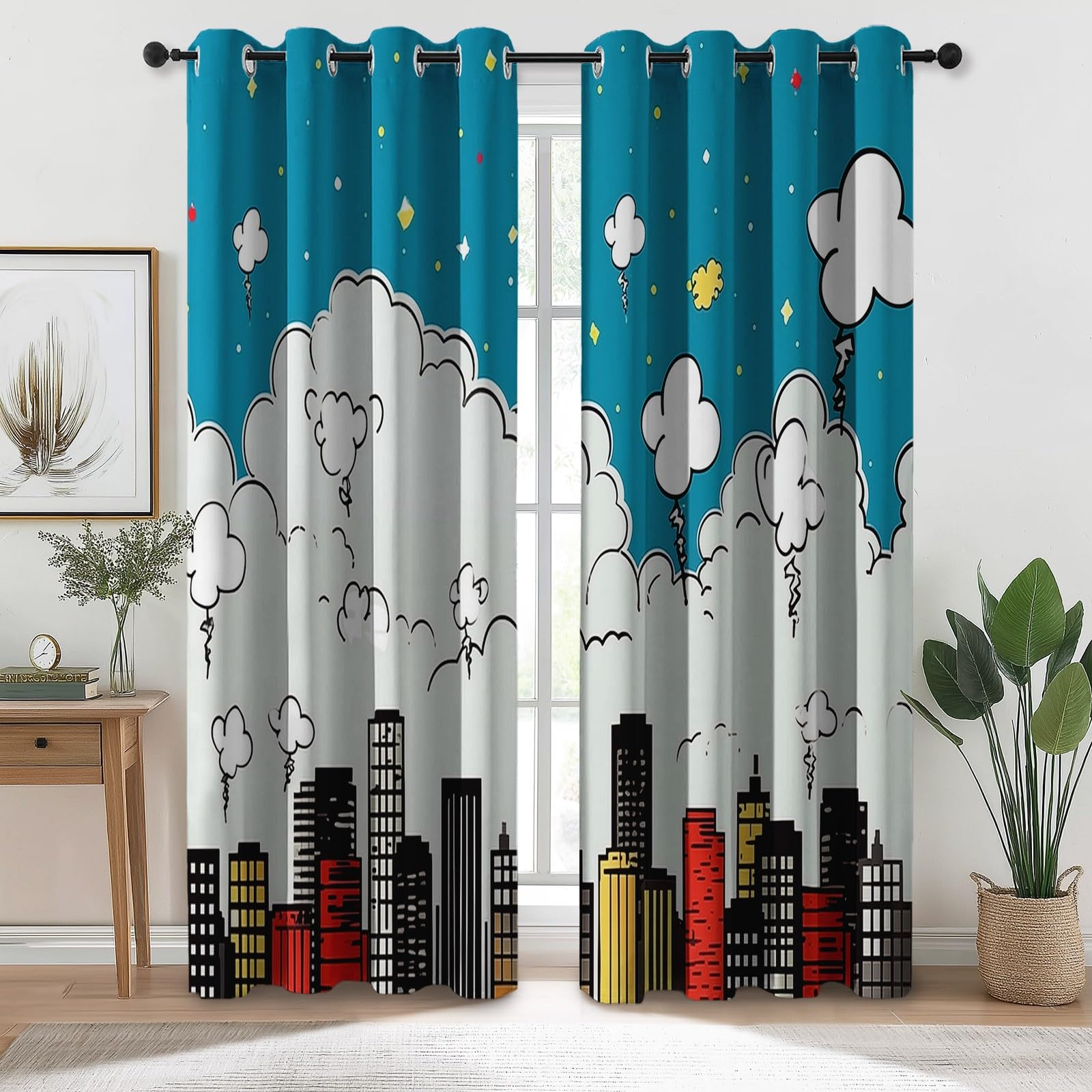 Rideau Occultant 140L X 250H cm (2 Panneaux) Rideaux Opaque Doux, Rideau Imprimé BD Horizon Urbain Nuages Thermiques Anti Chaleur pour Salon Chambre Fenetre Cuisine - Coloré