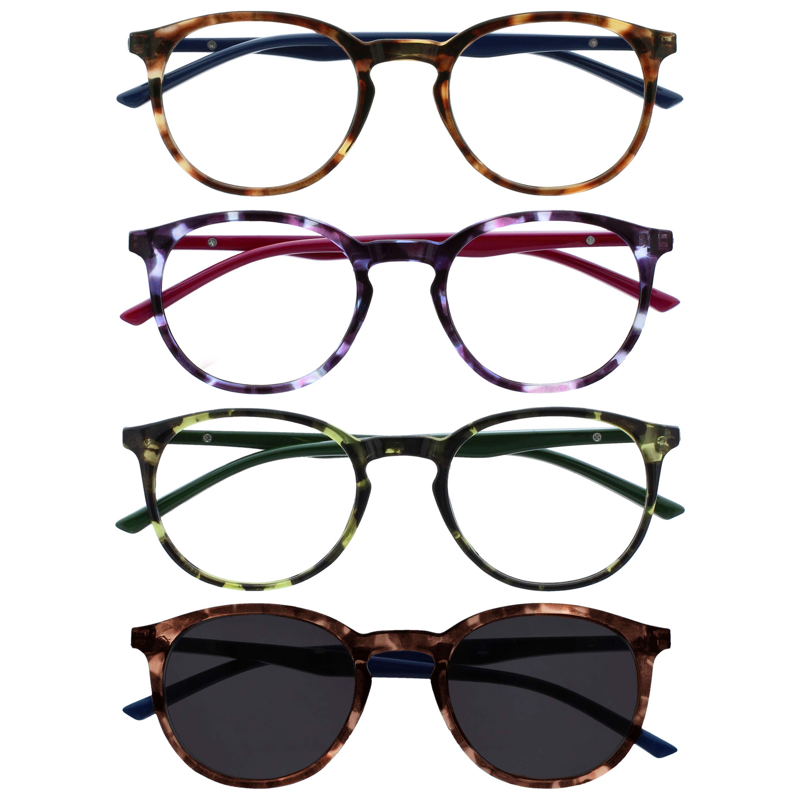 Opulize Met Pack 4 Gafas De Lectura Con Lectores De Sol Grande Redondo Marrón Púrpura Verde Hombres Mujeres RRRS60-2562 +3,50
