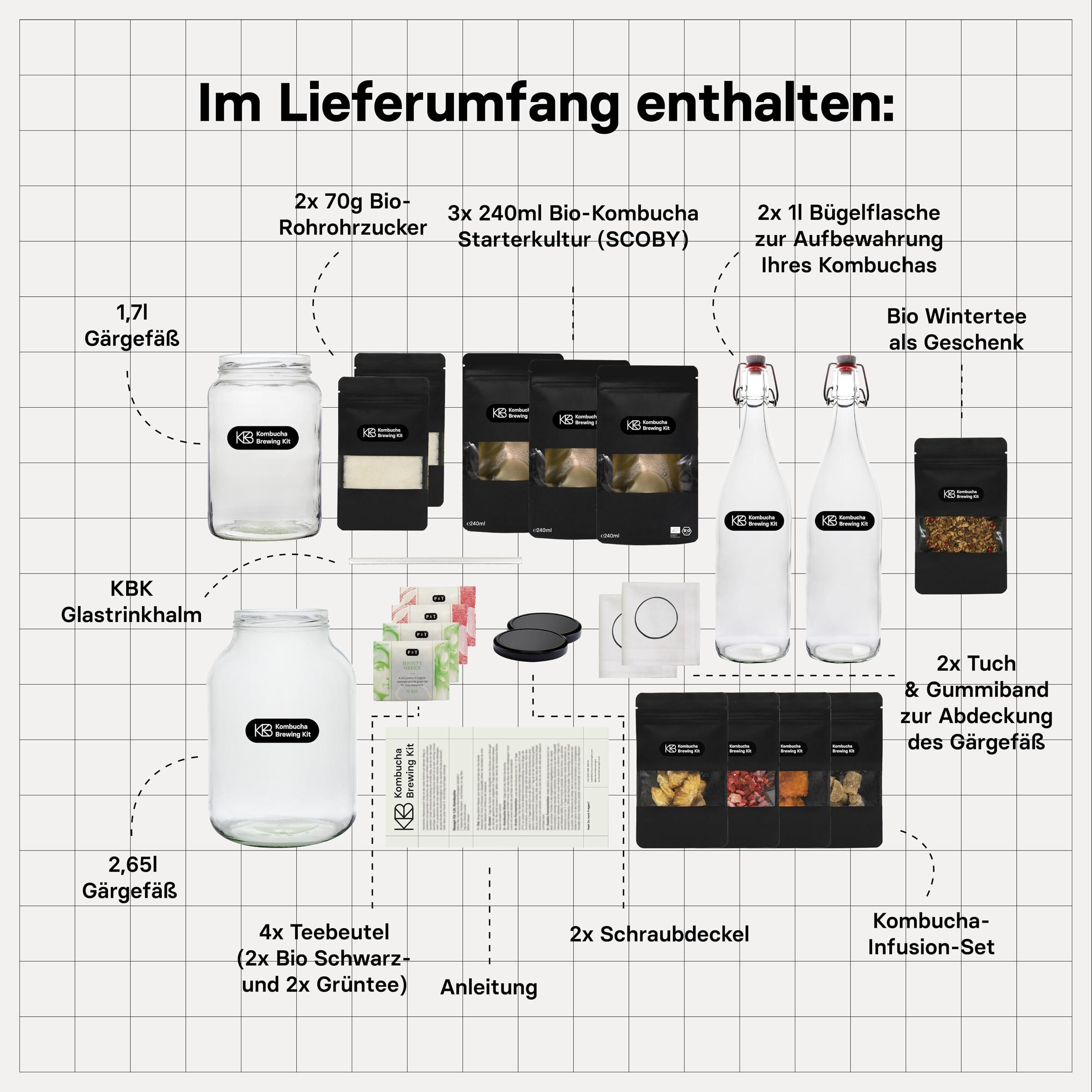 Kombucha Brewing Kit XL Bundlecon 2x coltura starter SCOBY biologica, 4 gusti di infusione, con 2x vaso di fermentazione, 2 bottiglia swing-top, zucchero di canna grezzo biologico, cannuccia di vetro