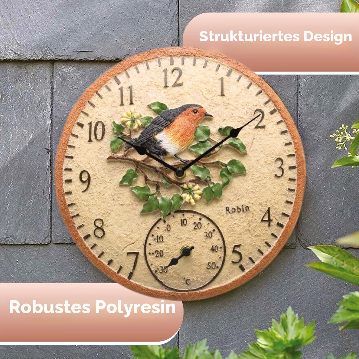 Garden Mile 30 cm Rotkehlchen-Gartenuhren für den Außenbereich, wasserdicht, mit Thermometer für Garten, analoge Außenuhren für Garten, wetterfest, Außenuhren für Küche, Wohnzimmer und Terrasse