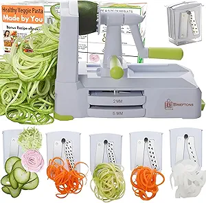 Brieftons 5-Blade Vegetable Spiralizer: Strongest-Heaviest Spiral Slicer, Best Veggie Pasta Spaghetti Maker for Low Carb/Paleo/Gluten-Free/Vegan Meals, With Extra Blade Caddy, 4 Recipe Ebooks