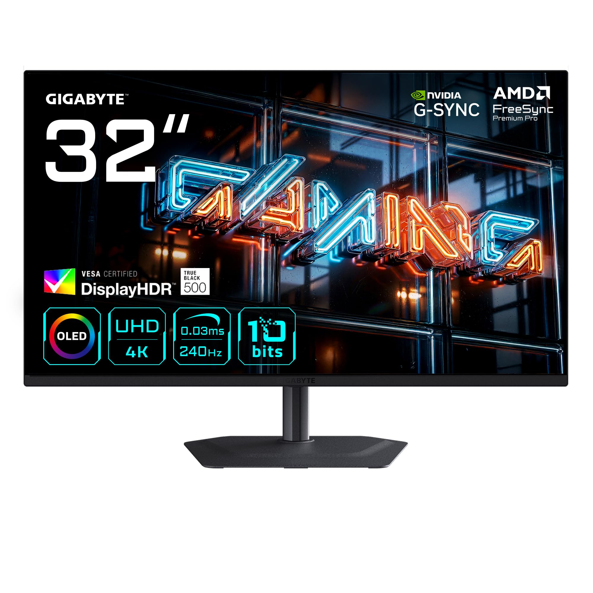 Gigabyte MO32U24 32-calowy monitor gamingowy OLED 4K UHD - 3840 x 2160, 240 Hz, 0,03 ms, 300 cd/m², kompatybilny z G-Sync, FreeSync Premium Pro, Display HDR True Black 500, HDMI 2.1, Displayport 1.4