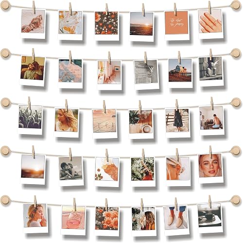 BIZYAC Hanging Photo Display Room Wall Decor - Sculptural Picture Frames Collage - 5 Strings with 30 Clips - 3M Self Adhes...