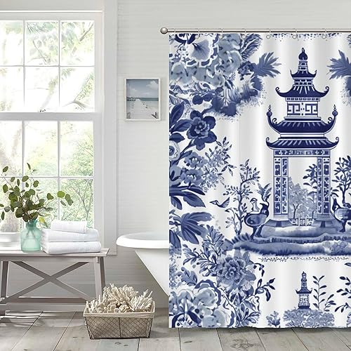 Miniatura 731 de Cortinas de ducha de baño con ganchos, 72 x 92 pulgadas, cortina de ducha de tela impermeable con diseño de flores y pájaros, cortina de ducha