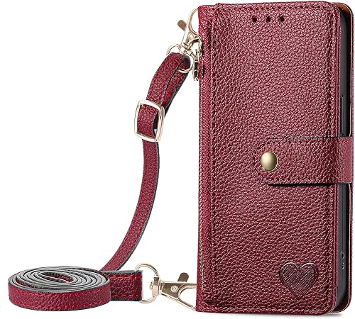 XYX Wallet Case for Redmi K40 Pro, RFID Blocking Crossbody Chain Zipper Purse Wrist Strap Love Heart Leather Case with 7 Card Holder for Xiaomi