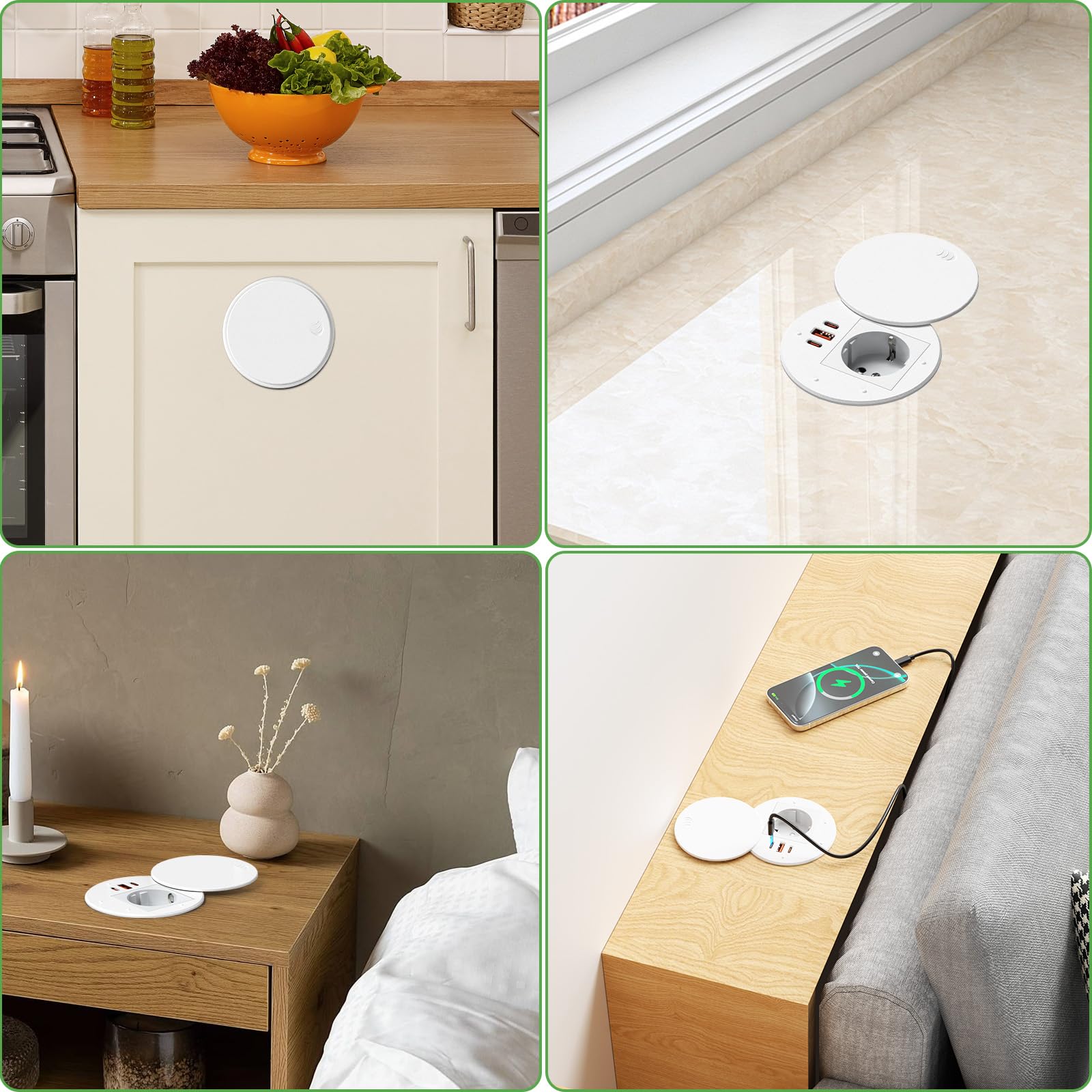 Enchufe Empotrable Mesa con USB C PD 35W, Regleta de Mesa con 3 USB y Tapa, Regleta Empotrable para Muebles o Superficies de Trabajo, Cable de 1,8 m, Blanco
