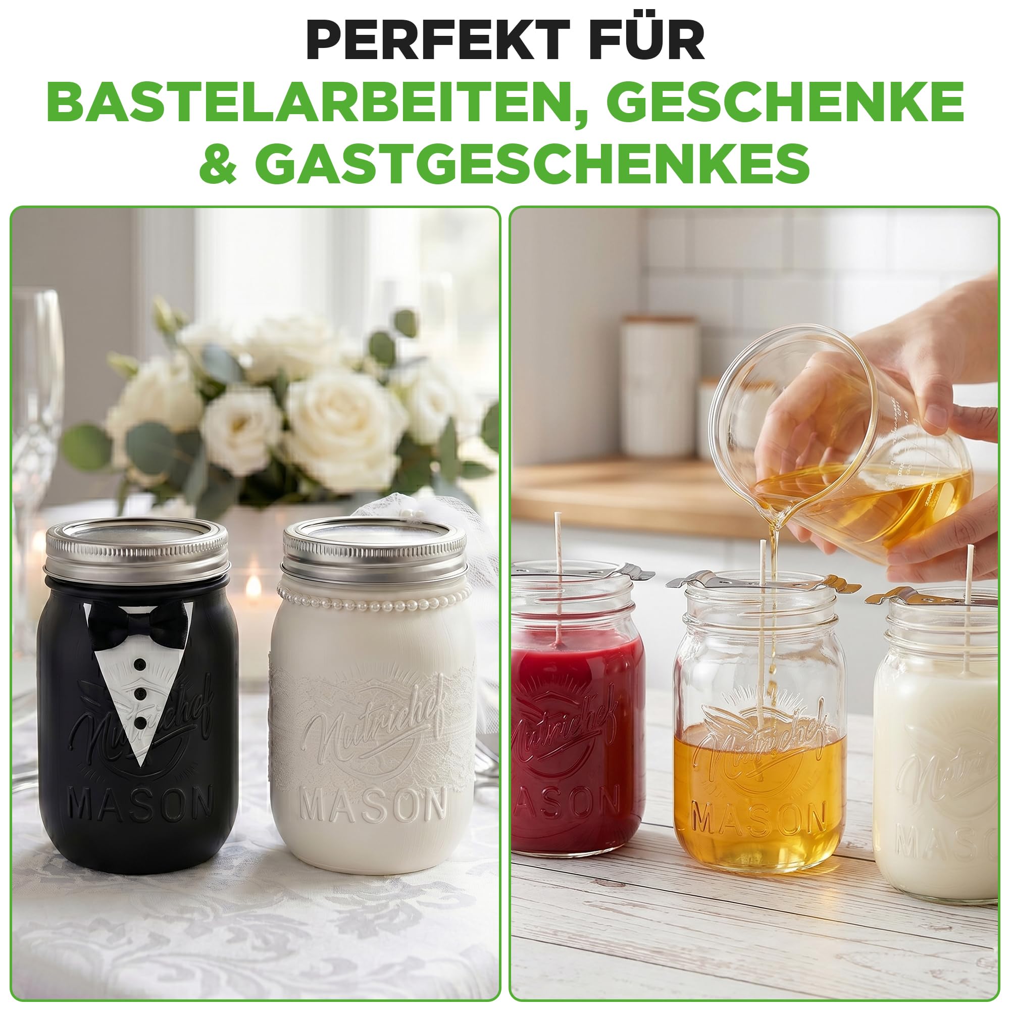 Nutrichef Vorratsgläser mit Deckel Luftdicht 480ml 16 Stück – Glasbehälter für Meal Prep und Overnight Oats, Einmachgläser für Marmelade und Fermentation
