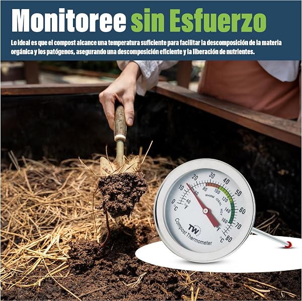 Termómetro de compost, termómetro de esfera de acero inoxidable, para compostaje en el hogar y el patio trasero, 50 mm de diámetro, esfera C & F - 5