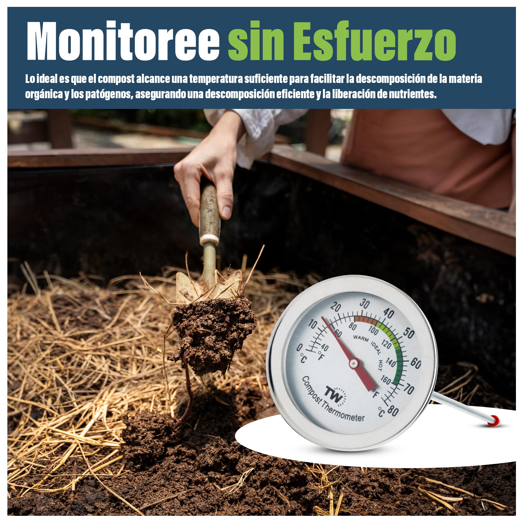 Termómetro de compost, termómetro de esfera de acero inoxidable, para compostaje en el hogar y el patio trasero, 50 mm de diámetro, esfera C & F — view 5