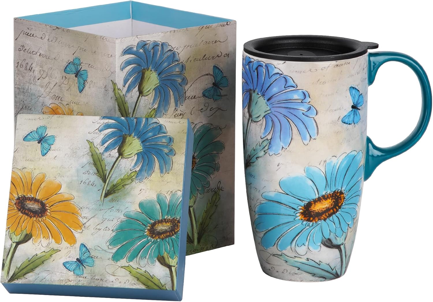 Ceramic Mug Travel Coffee Cup with Lid and Handle for Home & Office, 17oz Porcelain Tall Tea Cup with Color Box, Daisy Flower