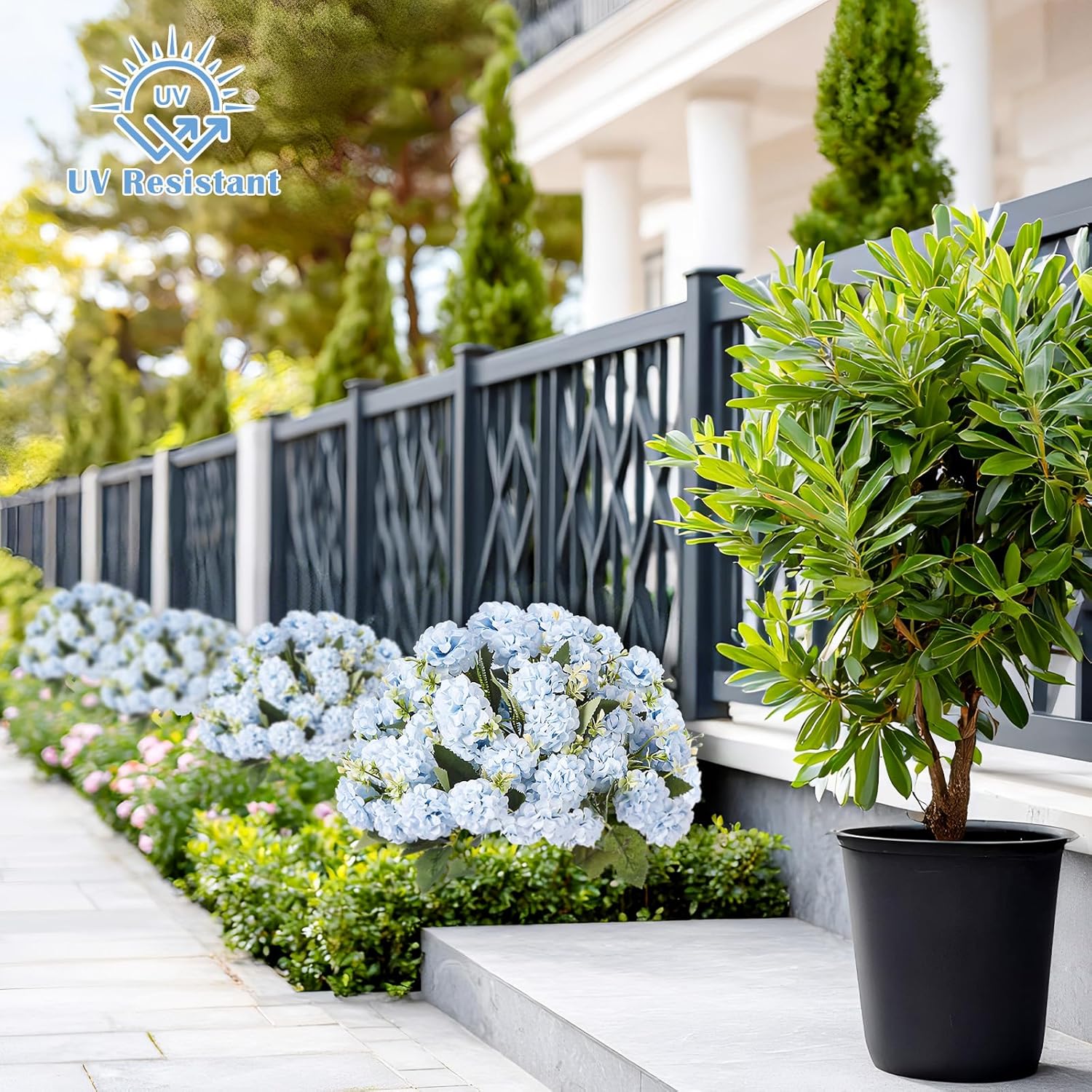 Suncalla 2 Set Blue Artificial Boxwood Topiary Ball Trees with Hydrangea Flower, 19.7" UV Resistant Outdoor Faux Plants with Ground Spike for Planter Front Door Home Indoor Porch Patio Decor