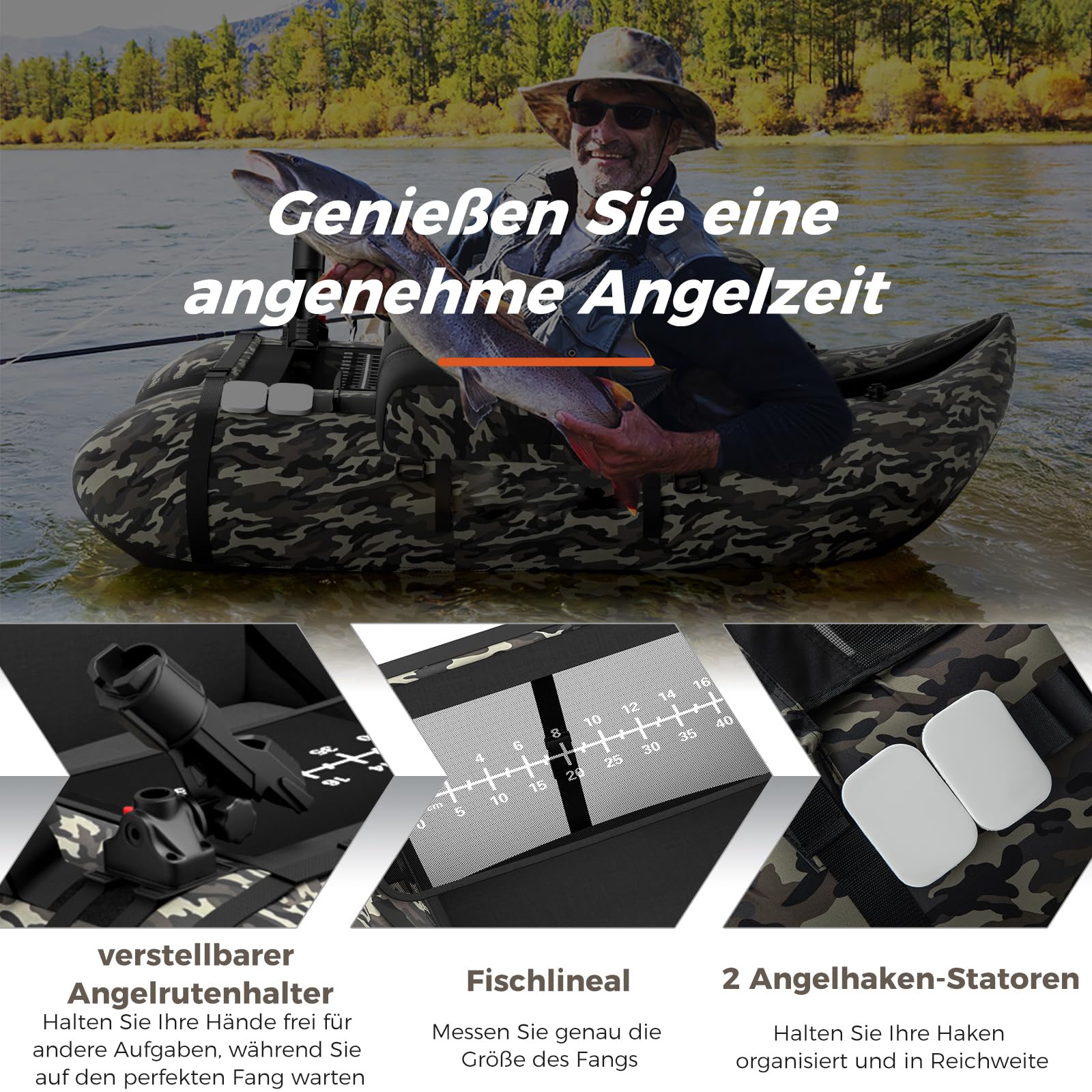 GOPLUS Bellyboot, Belly Boat bis 150 kg belastbar, aufblasbares Schlauchboot zum Angeln mit Alu Paddel, Pumpe, Flossen, Fischlineal, Rutenhalter & 2 Schultergurten, 135 x 109 x 54 cm