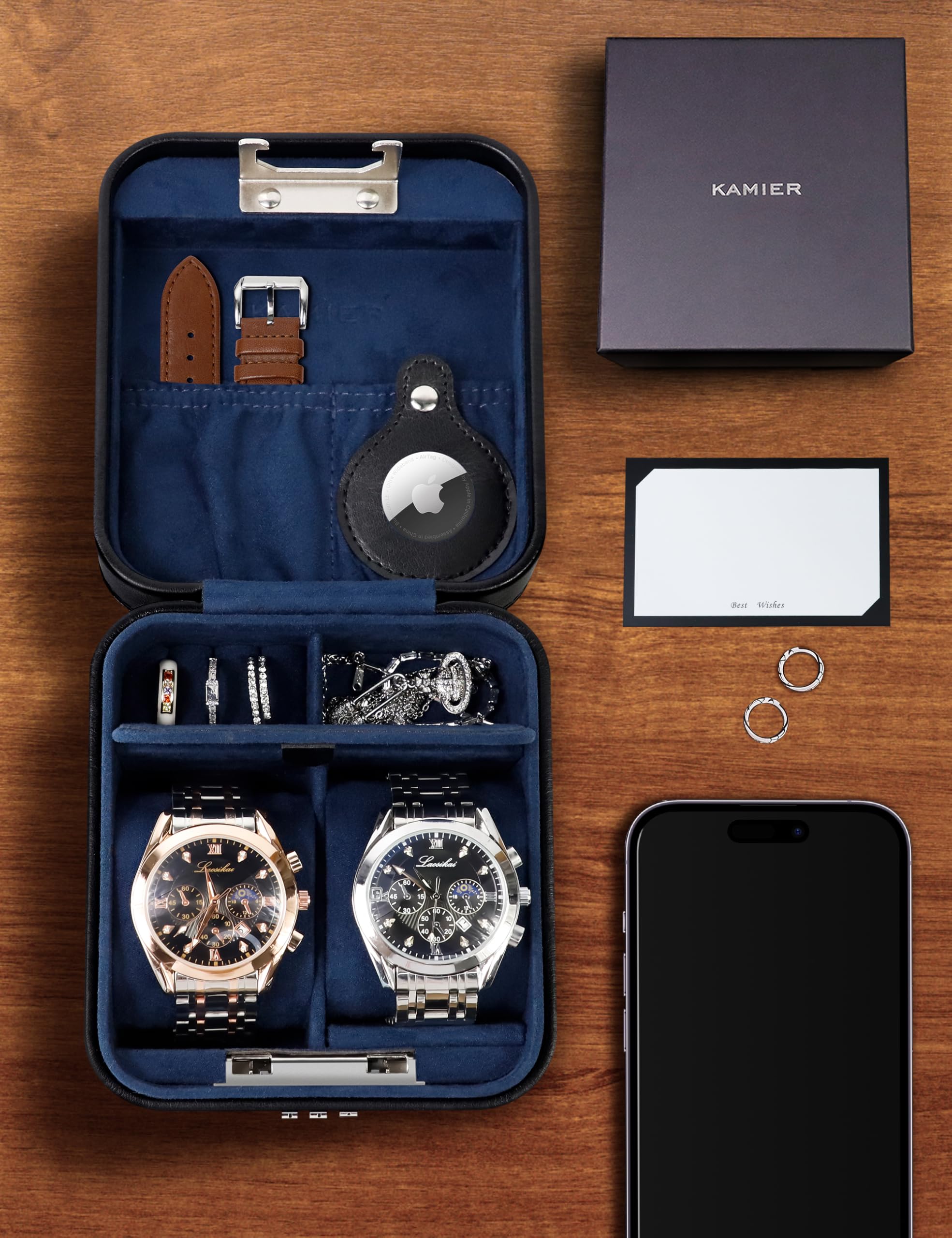 KAMIER Coffret de Voyage pour Montres, Étui Homme 2 Montres Solide en PU Cuir avec Cadenas à Combinaison, Boîte de Rangement Portable pour Montre, Bagues et Colliers – Cadeau Homme et Femme – Noir