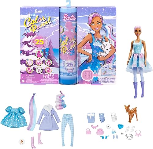 Barbie Calendario de Adviento de revelación de color, 1 muñeca de revelación de color y 3 mascotas, ropa, accesorios y 2 extensiones de cabello, 25
