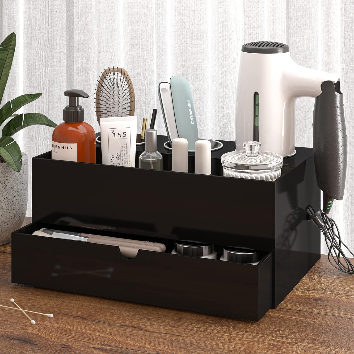 AKTOP Hair Tool Organizer Black Acrylic Hair Dryer Holder with Drawer