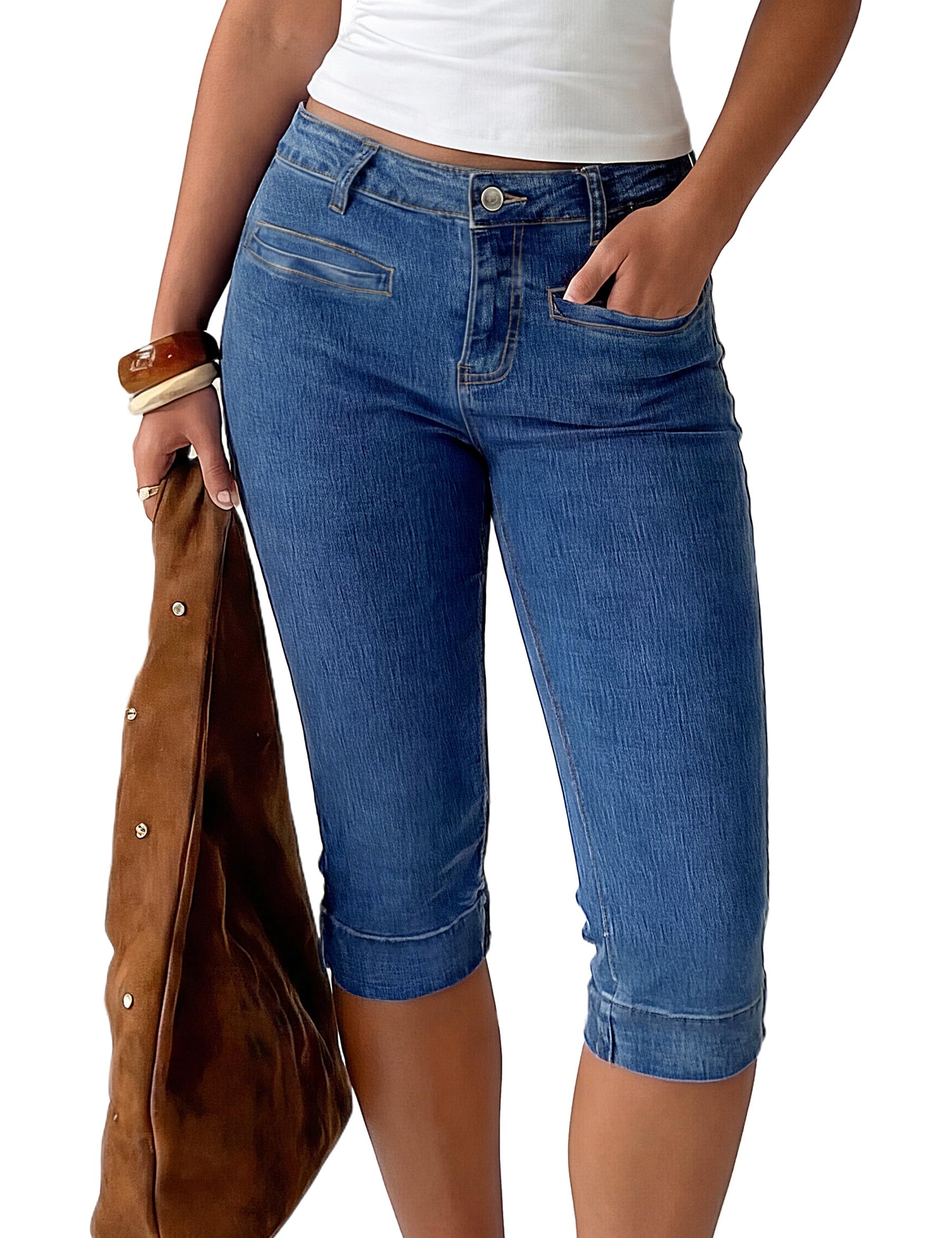 Fengbay Pantalones vaqueros Capri para mujer, elásticos, ajustados, cintura baja, tres cuartos, pantalones vaqueros con hendidura en el dobladillo, pantalones capri, informales, de verano, pantalones