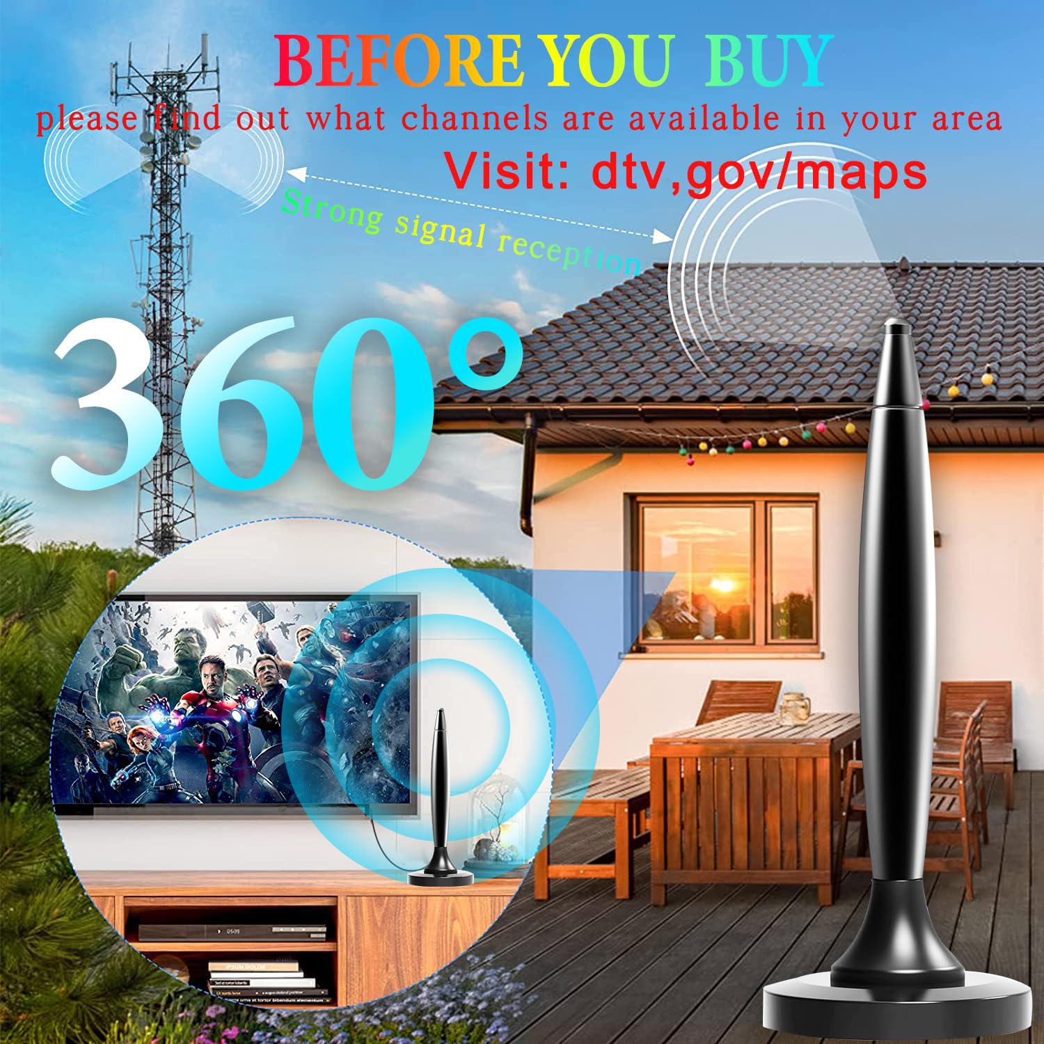 Antena de TV para Smart TV, recepción de largo alcance con fuerte base magnética 4K 1080P Antenas digitales HD para interiores para una fácil instalación, antena HDTV para televisores canales locales
