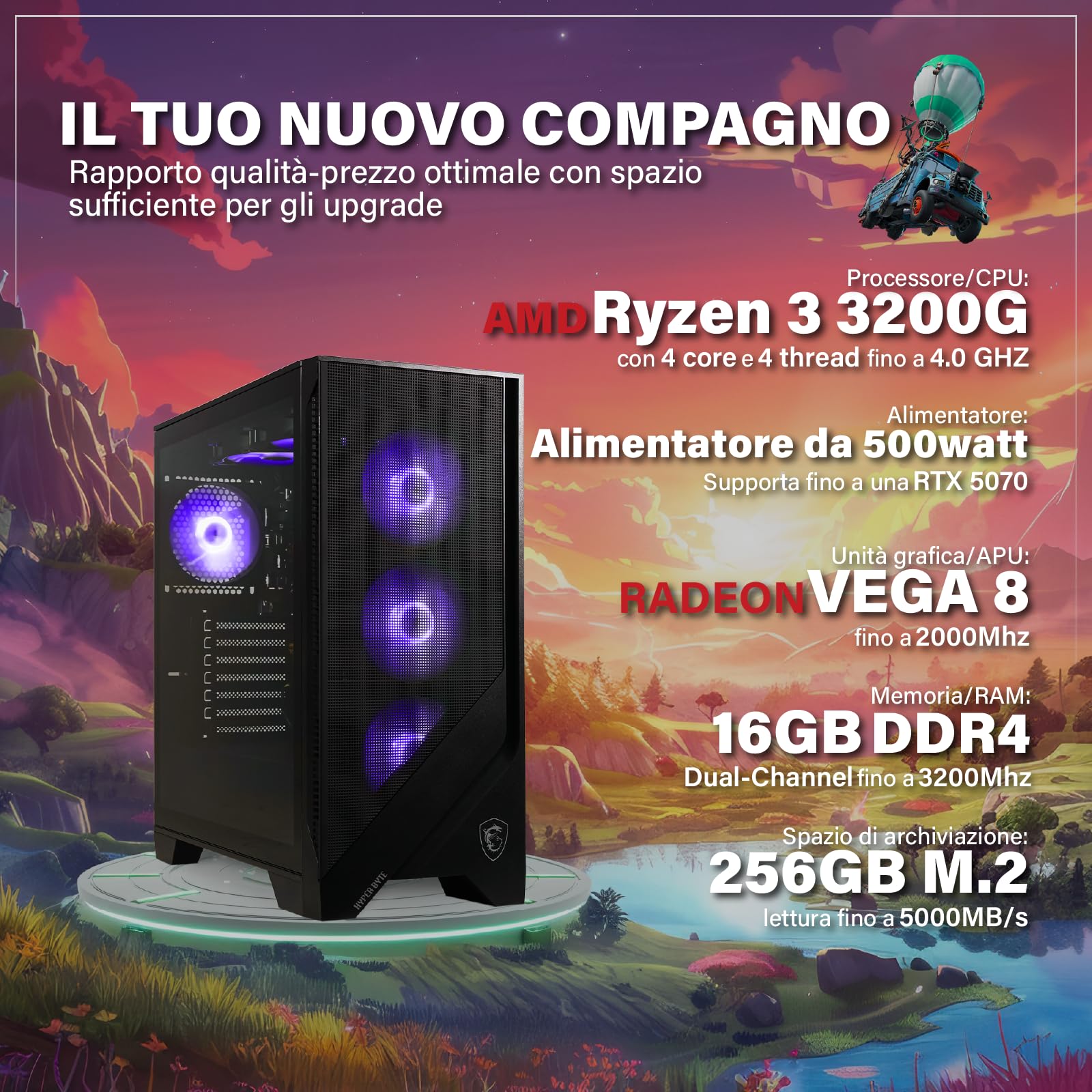 HYPER BYTE® Gaming Pc Essential - Computer con AMD Ryzen 3 3200G 4,0 GHz | Vega 8 | 16 GB RAM DDR4 | Disco rigido SSD 256 GB | Desktop tower per gamer | WLAN | Windows 11 Pro