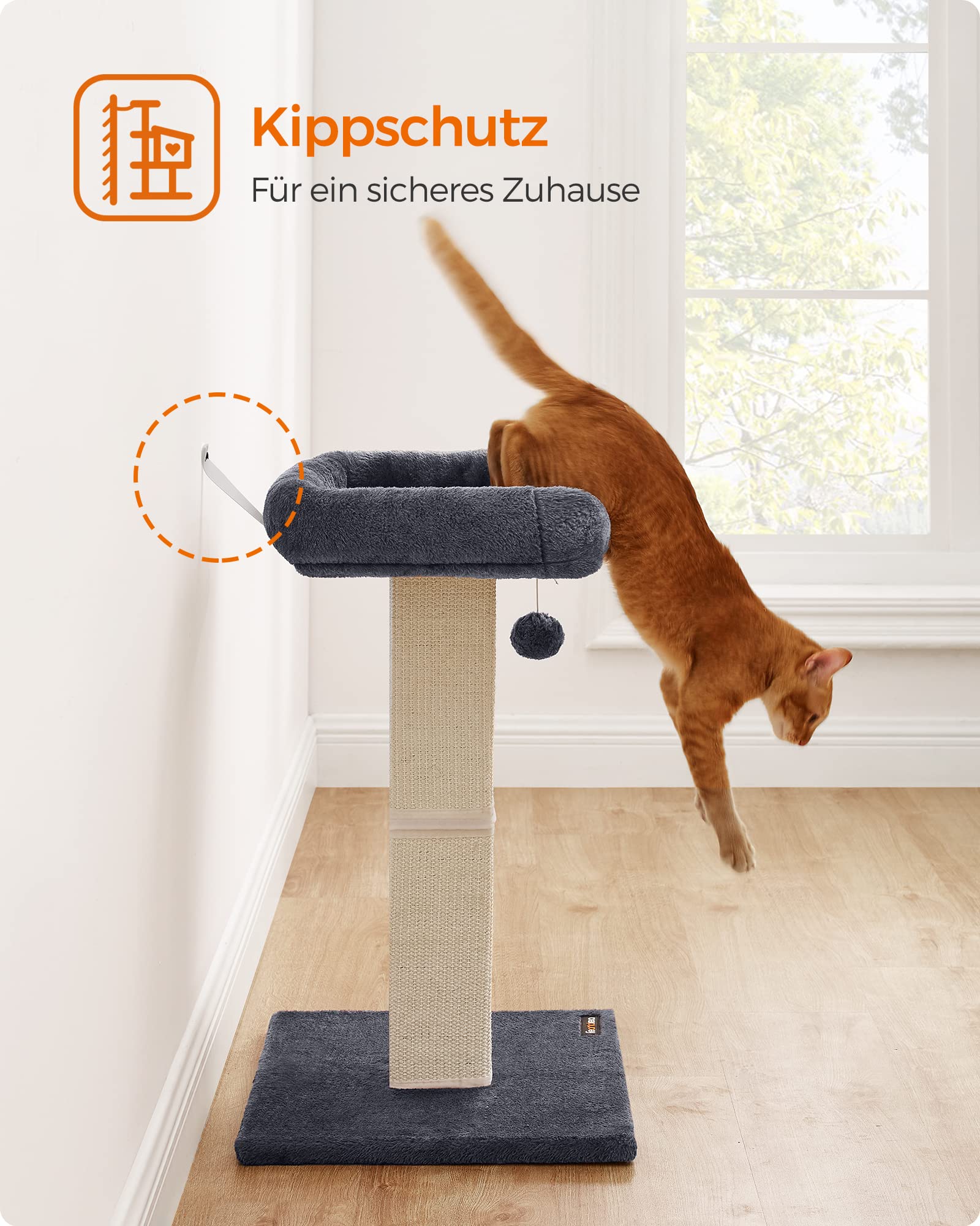 Feandrea Kratzbaum, Katzenbaum mit 40 x 30 cm Plattform aus Plüsch, Kratzstamm, Katzenkratzbaum, 71 cm hoch, 10 cm Dicke Kratzsäule mit geflochtenem Sisal, mit Plüschball, dunkelgrau PCA022G01
