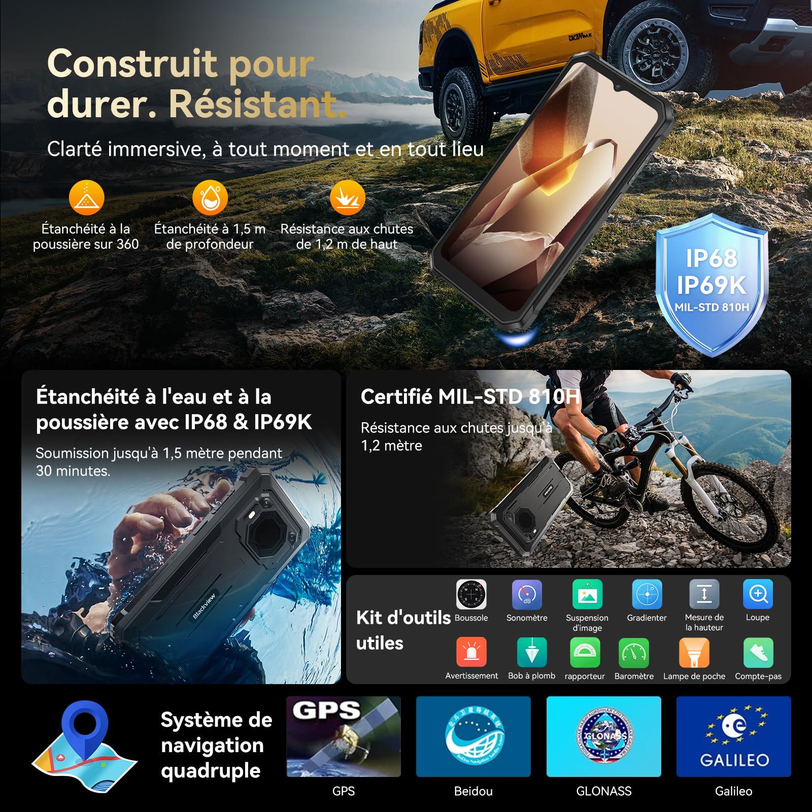Blackview BV6200 Plus Téléphone Incassable 2026, Batterie 11000mAh Téléphone Portable Incassable 24Go+128Go/2To TF, 6.56" HD+, Caméra AI 16MP+13MP,NFC/GPS/98dB Haut-Parleurs Smartphone 2 Ans Garantie