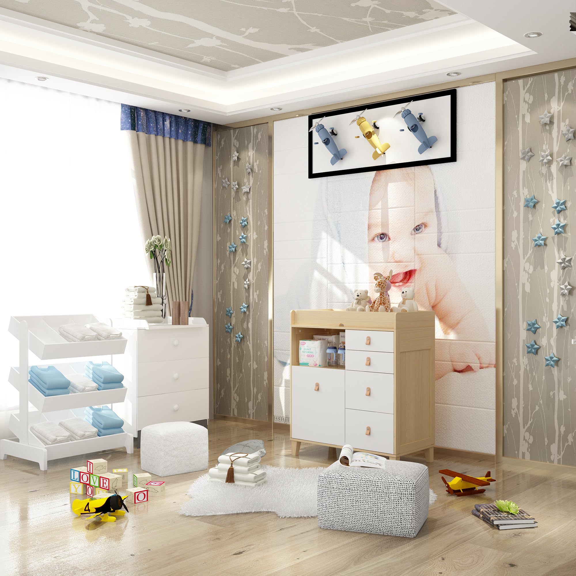Cambiador con 5 cajones y barandilla protectora, estantería para cambiar pañales con espacio de almacenamiento abierto, 85 cm x 46 cm x 98 cm, MDF, color blanco y madera