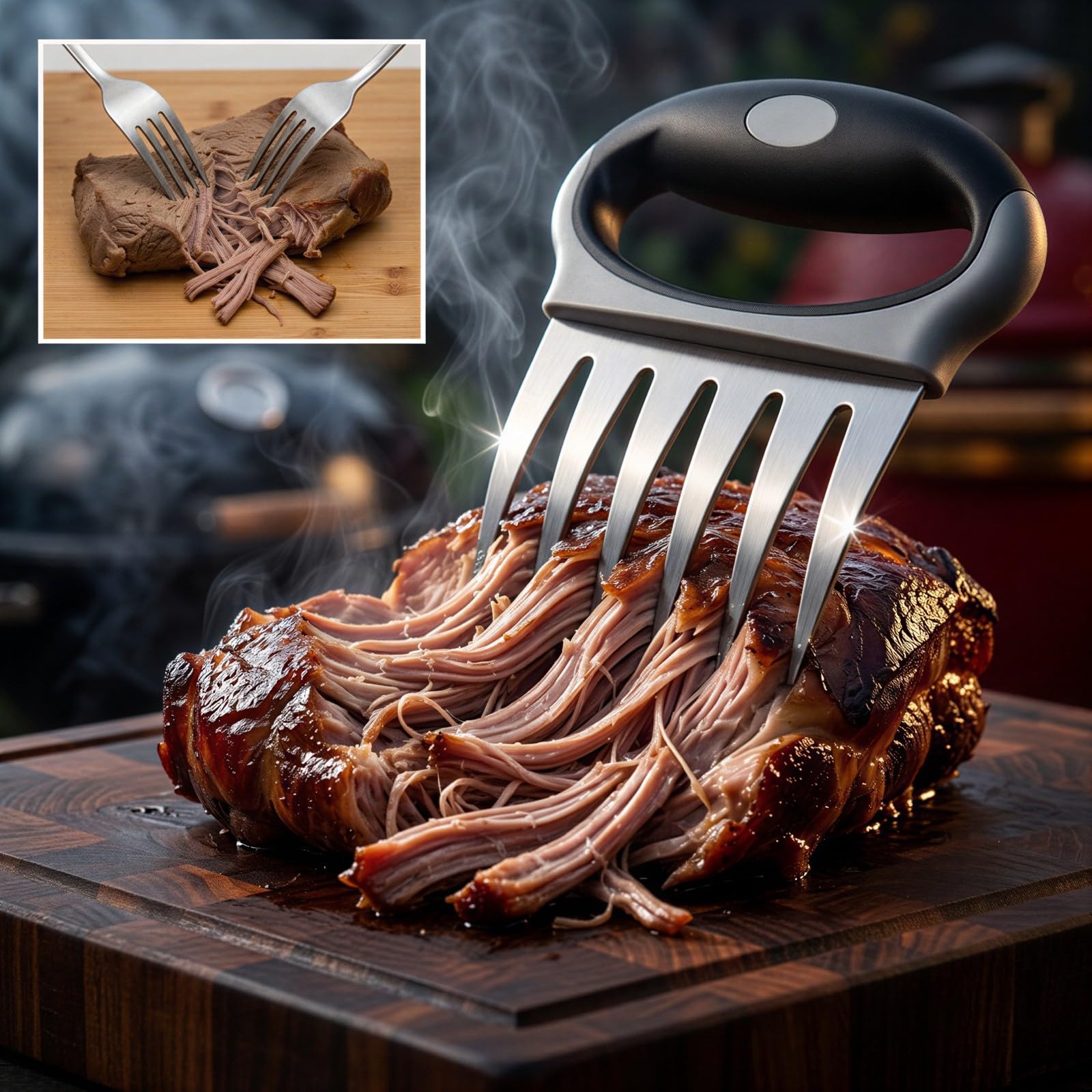 2 Stk. Fleischkrallen mit rutschfestem Griff, Edelstahl BBQ-Zerkleinerungswerkzeug zum Zerteilen von Pulled Pork, Hähnchen und Rind, mit Reinigungsbürste, robust für Grill, Smoker und Küche