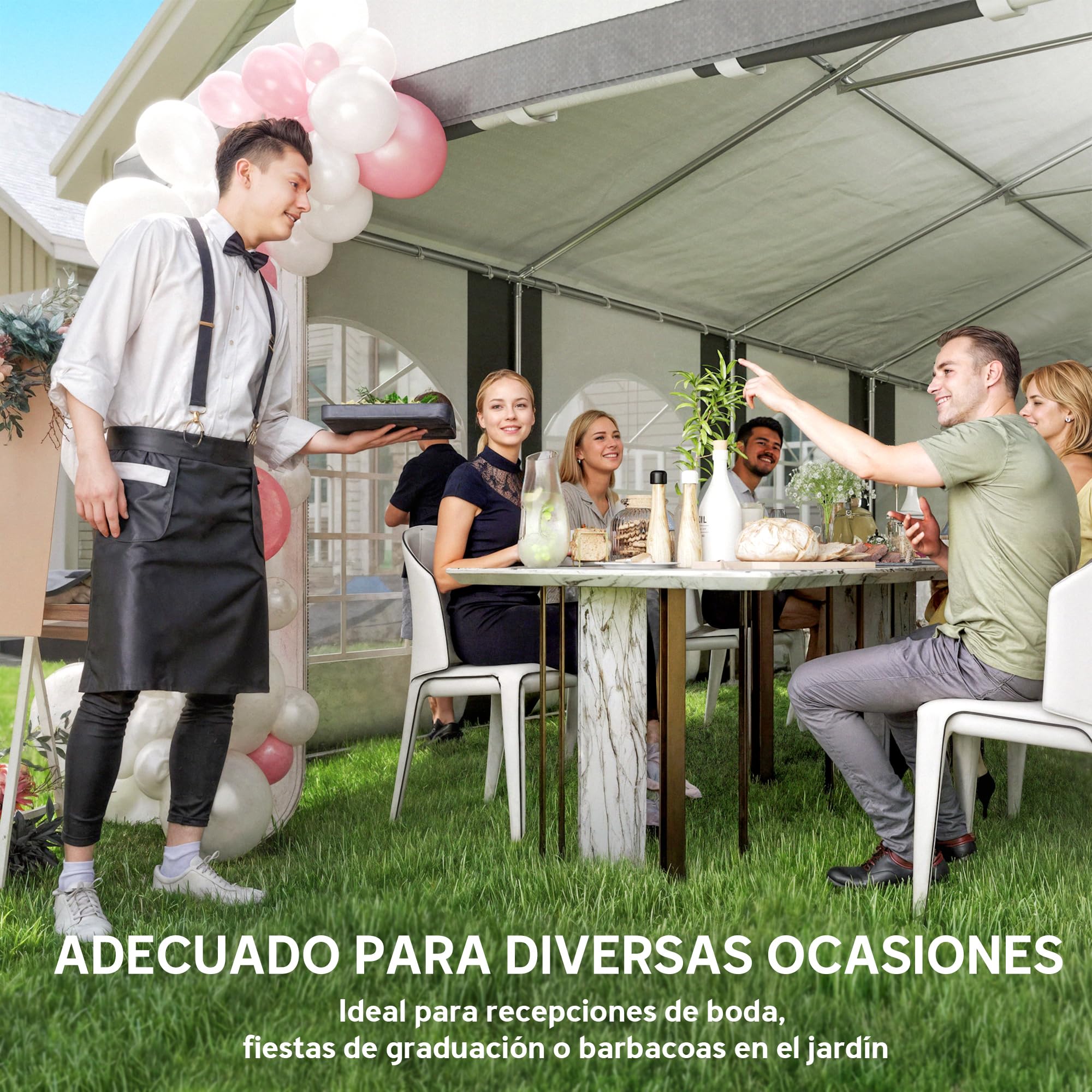 Outsunny Carpa para Fiesta 4x8 m Carpa de Jardín Anti-UV Gris y Blanco | Paredes Laterales Extraíbles, Puertas y Ventanas, Impermeable, Cenador Gazabo, Boda Camping Eventos Exterior
