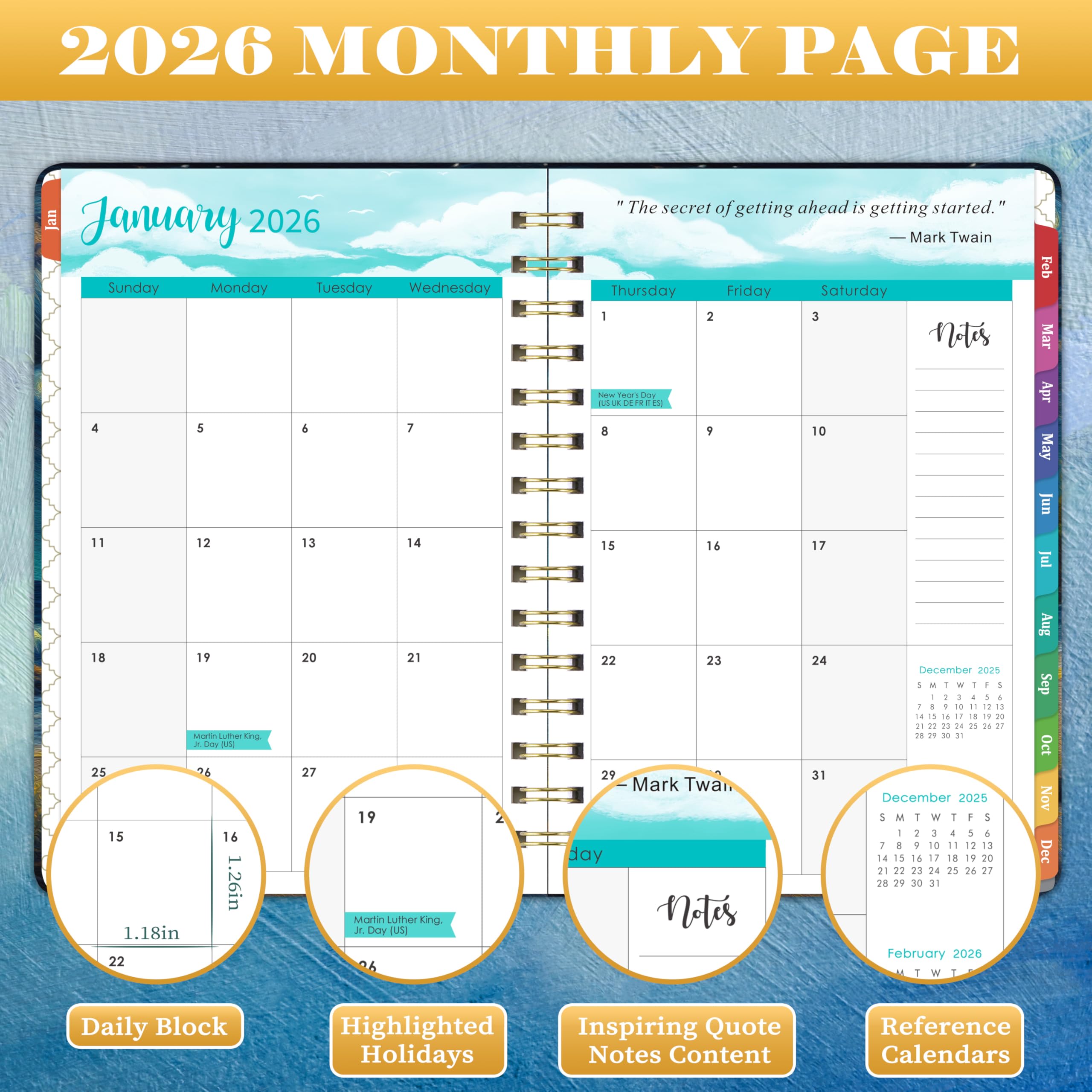 2026 Planner - Planner 2026, Jan. 2026 - Dec. 2026, 8.4"x 6.3", 2026 Planner Weekly and Monthly, 2026 Calendar Planner with Elastic Closure + Colorful Tabs + Hardcover - Dreaming Sea
