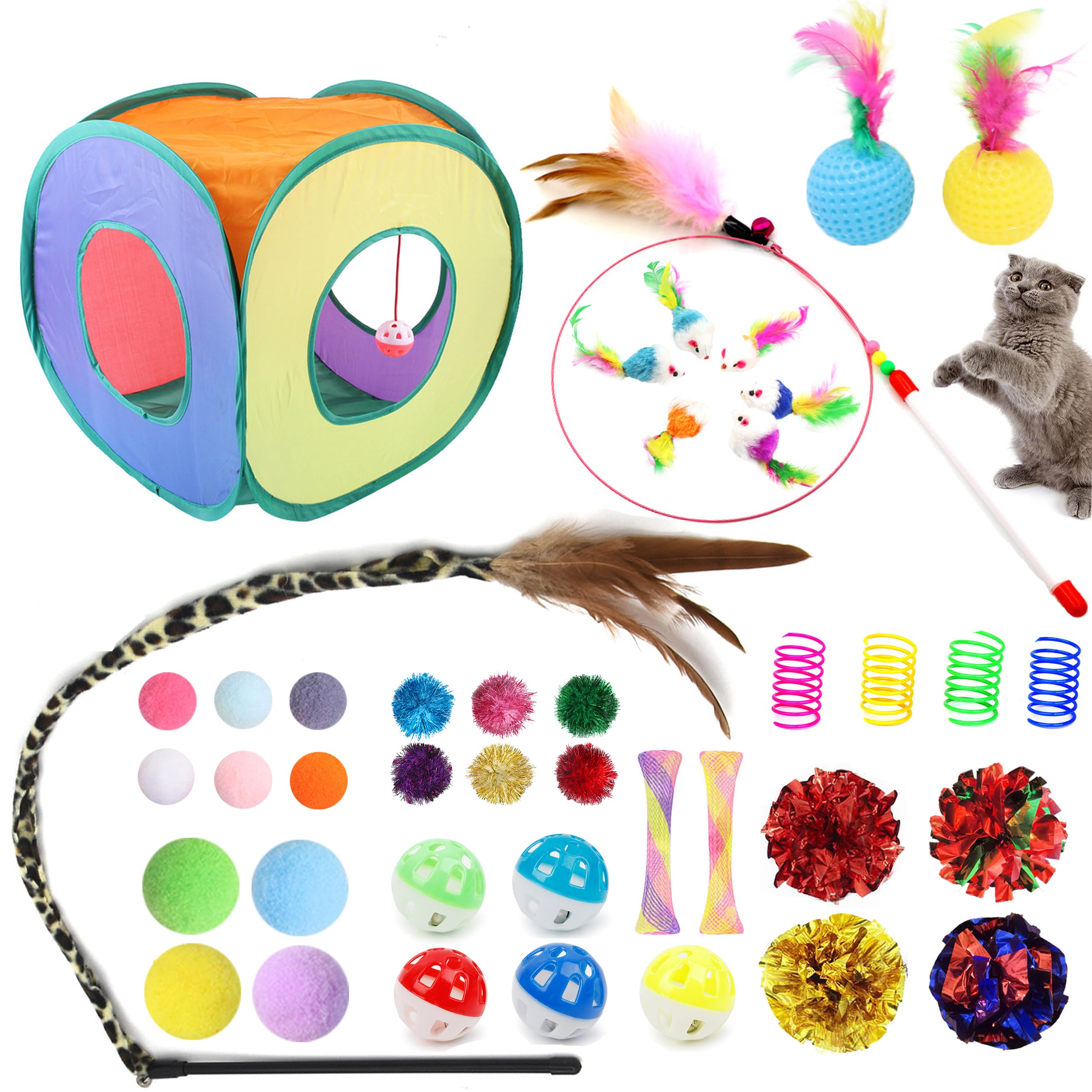 POSAPET 42pcs Interactive Cat Toys Kit - Multi-Activity Kitten Toy Set with Collapsible Tunnel, Feather Wand & Bell, Cat Balls Toys - Indoor Play Enrichment Supplies for Adult Cats & Kittens
