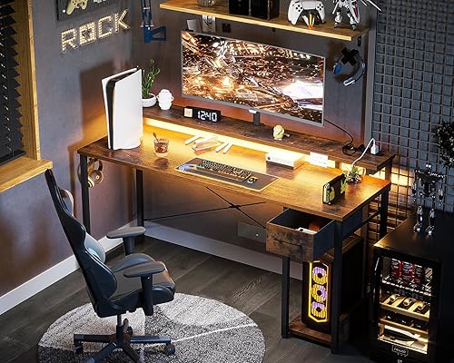 Miniatura 9 de AODK Escritorio para computadora de juegos con toma de corriente y tira de luz LED, escritorio de oficina en casa de 55 pulgadas con soporte