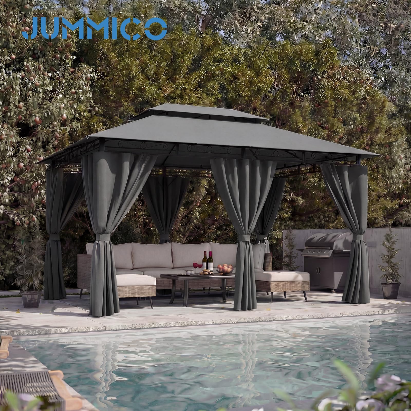 JUMMICO Gazebo 3x4 Impermeabile, Struttura in Metallo Robusta e Durevole, Tetto Doppio Strato Lusso Resistente a Vento, Pioggia e Raggi UV per Feste e Ricevimenti da 4 a 8 Persone