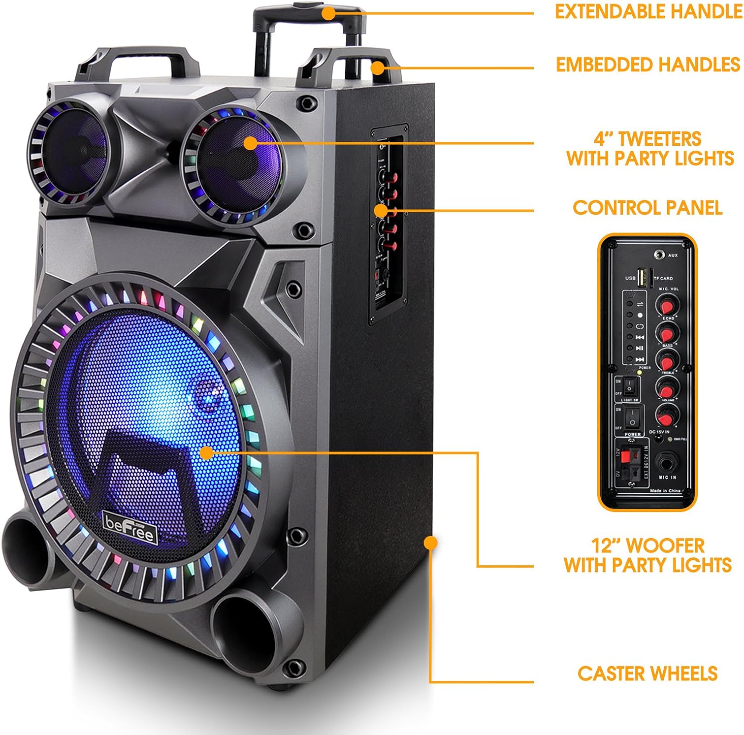 sebelah view of beFree Sound speaker with labels for handles, tweeters, control panel, woofer, and caster wheels