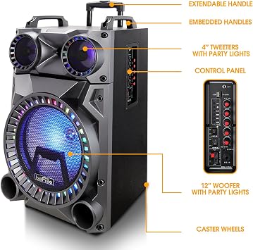 beFree Sound Rechargeable 12 Inch Bluetooth Portable Party Speaker with Party Lights, FM Radio and USB/TF Inputs