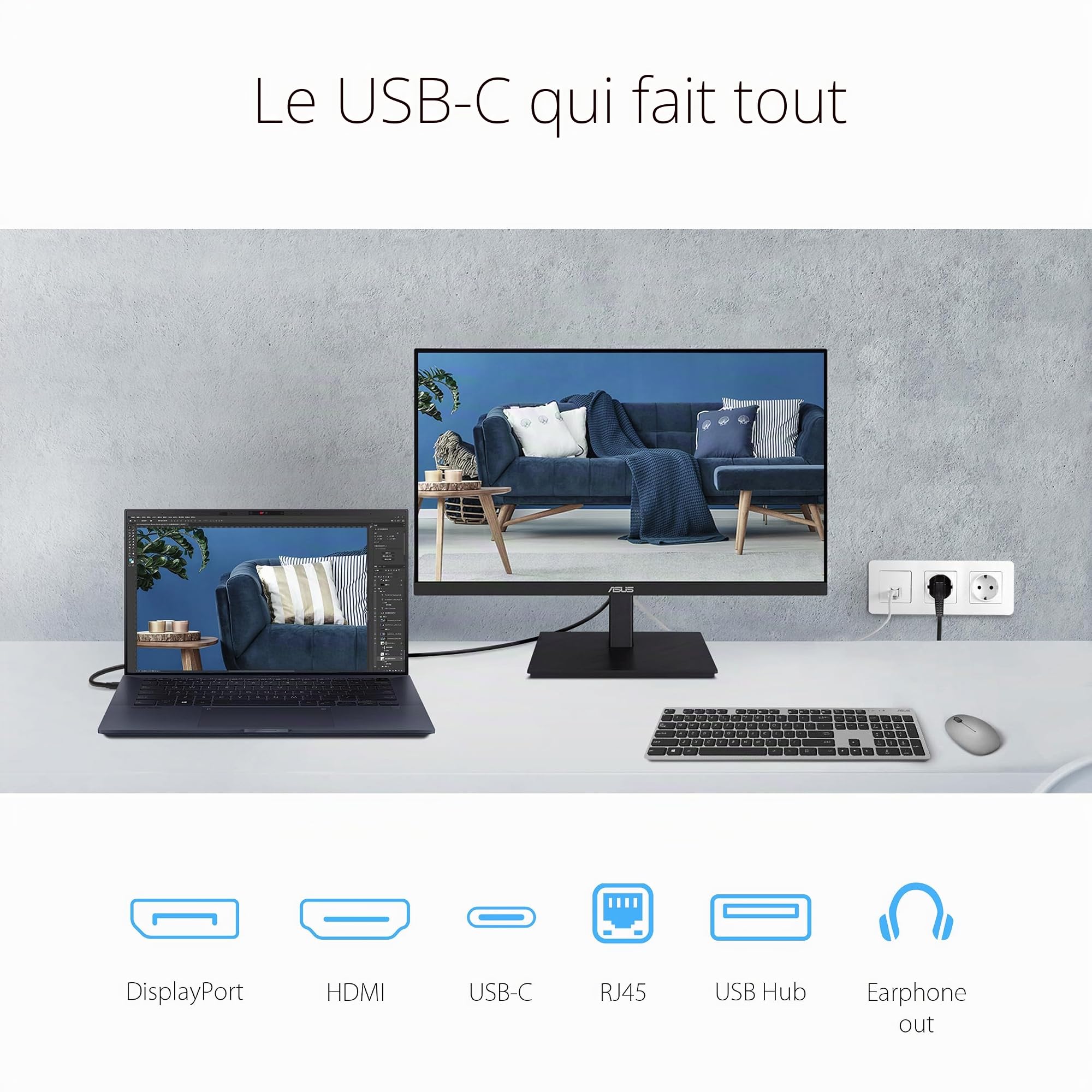 ASUS VA27ACFSN Station d'accueil 27" (QHD (2560 x 1440), IPS, sans Cadre, USB-C, RJ45, 100 Hz, Adaptive-Sync, Haut-parleurs stéréo, Faible lumière Bleue, sans Scintillement, Design Ergonomique,