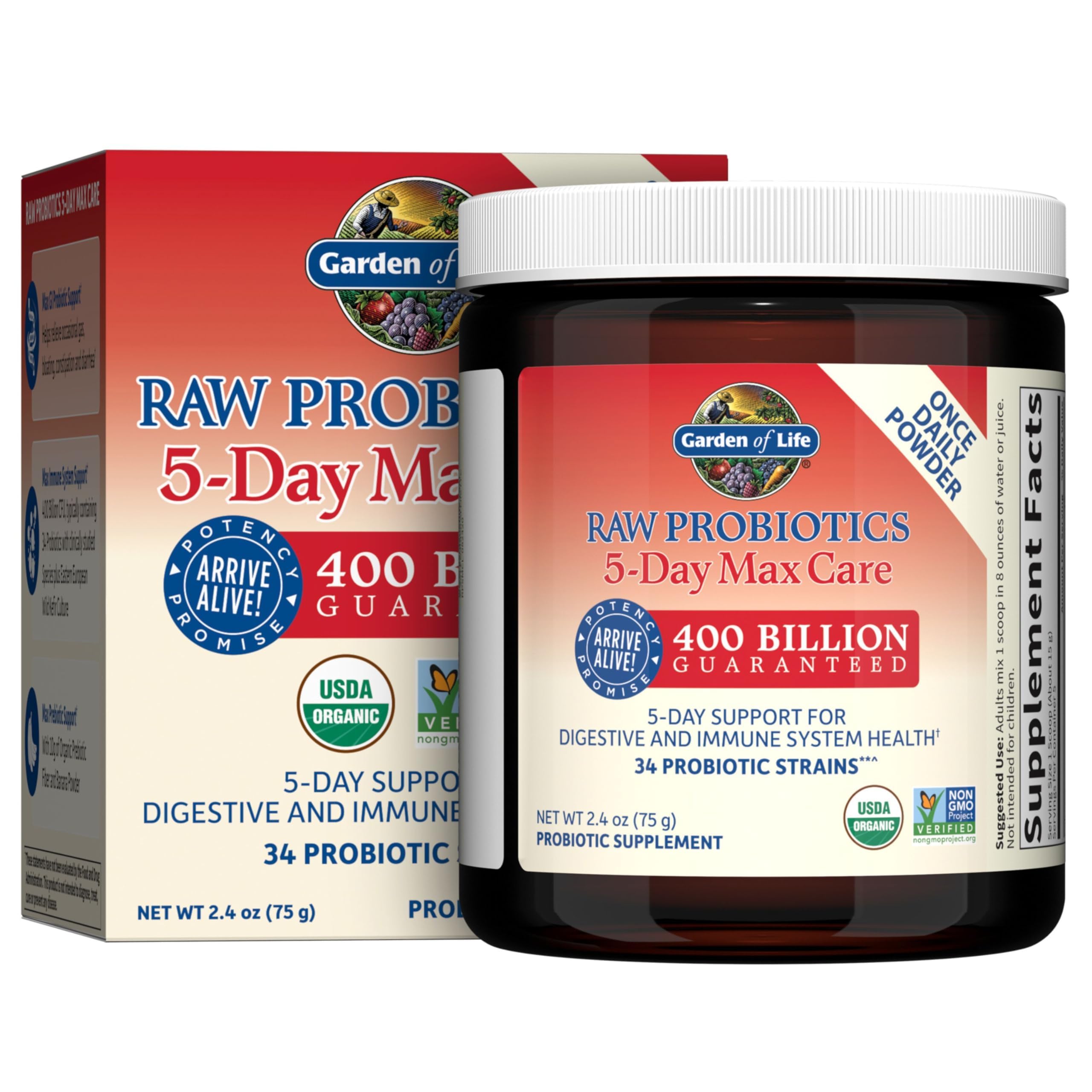 Raw Probiotics 5-Day Max Care - 400 Billion CFU - Probiotic Powder for Digestive & Immune Support - Banana, 5 Servings