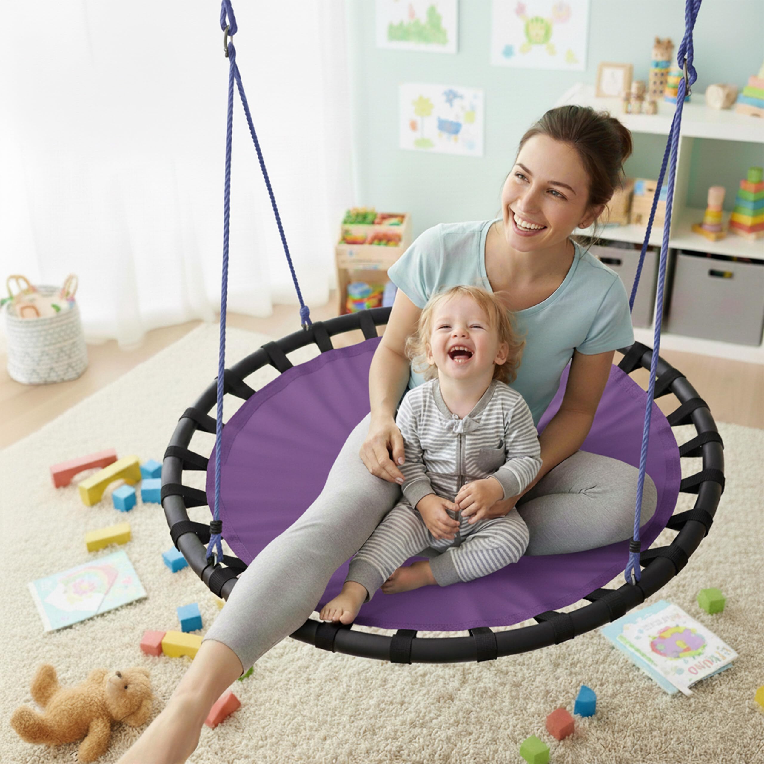 Relaxdays Okrągła huśtawka wisząca, dla dzieci i dorosłych, regulowana, na zewnątrz, Ø: 120 cm, do 100 kg, fioletowa