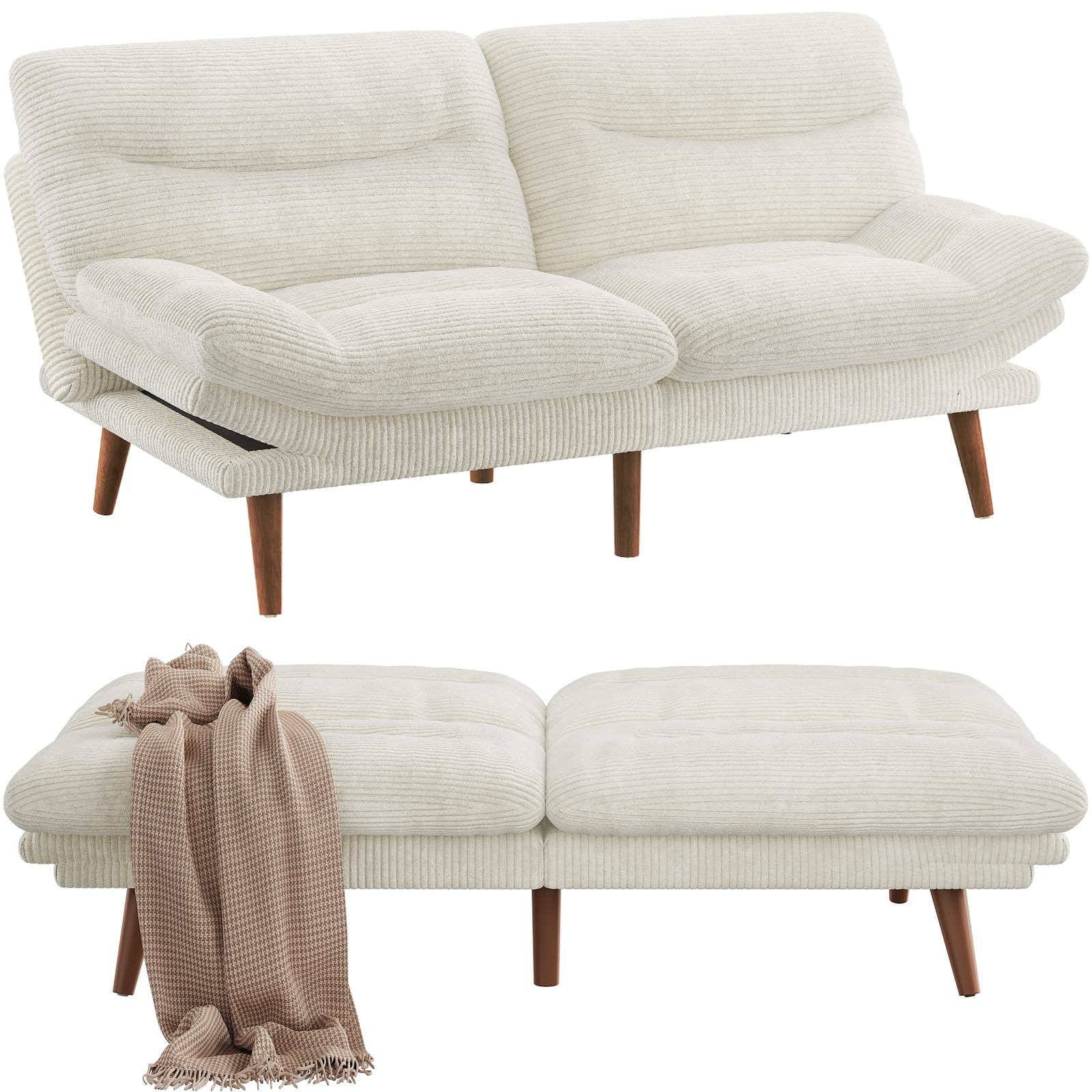 Pipishell Futon Sofa Bed, 75" Corduroy Futon Couch with Adjustable Backrest & Armrests, Loveseat Convertible Sleeper Sofa Couches for Small Apartments, Study Room, Office, White