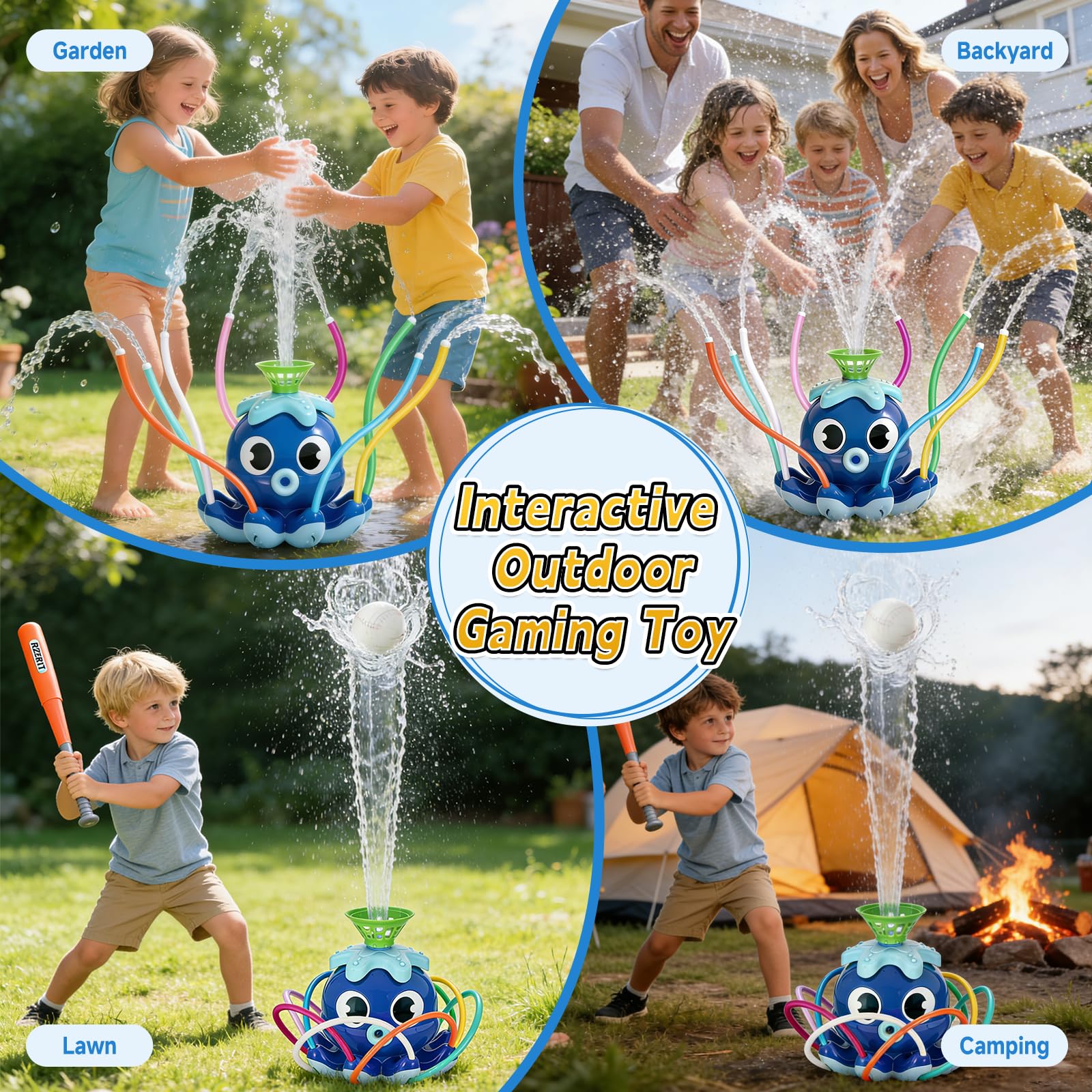 Wassersprinkler Baseballspielzeug, Octopus Kids Wassersprinkler T-Ball-Set mit Schläger 4 Bällen 2-in-1 Sommer Spielzeug für Draußen Rasenspiele für Kinder von 3 bis 12 Jahren (Blau)