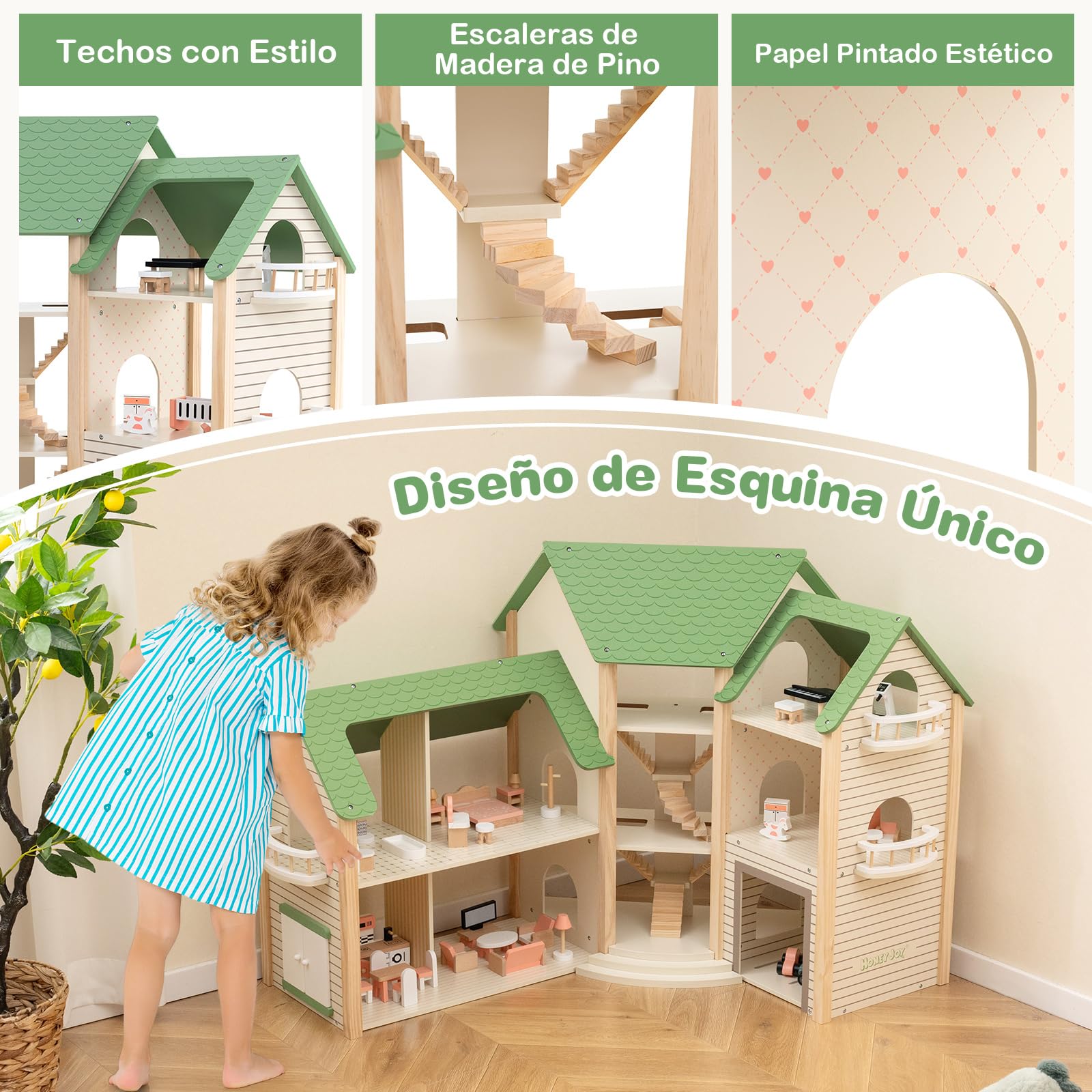 COSTWAY Casa de Muñecas Esquinera de Madera, Casita Infantil con Techo Verde con 36 Muebles y Accesorios, Casa de Ensueño con 3 Pisos, 6 Habitaciones, Balcones y Garaje, para Niños de 3+ Años