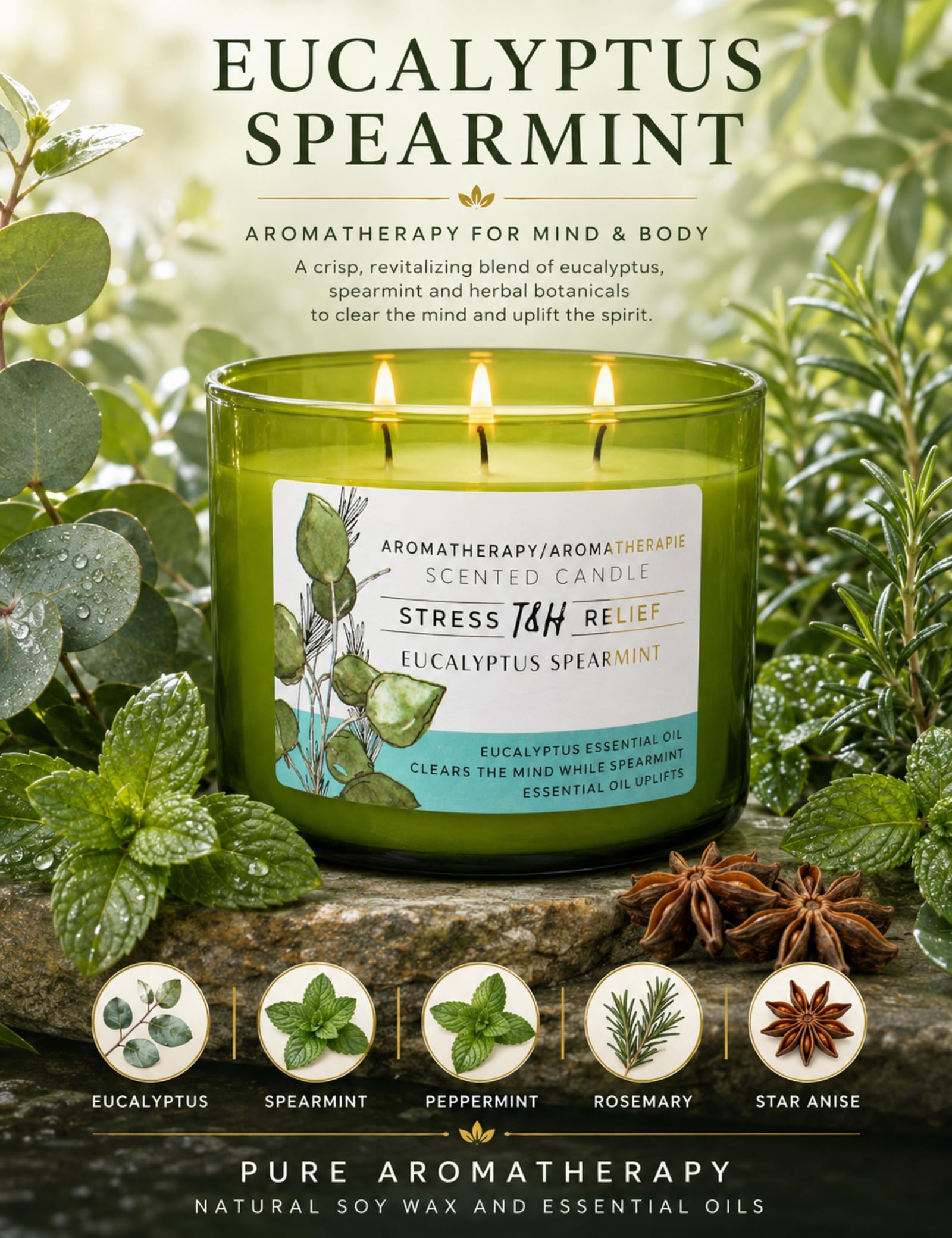 Duftkerze Eukalyptus Spearmint | 450 g große Soja-Kerze mit 3 Dochten | beruhigende Aromatherapie-Kerze für Zuhause | frischer Minze-Spa-Duft | langanhaltende, saubere Verbrennung | Entspannungs- und