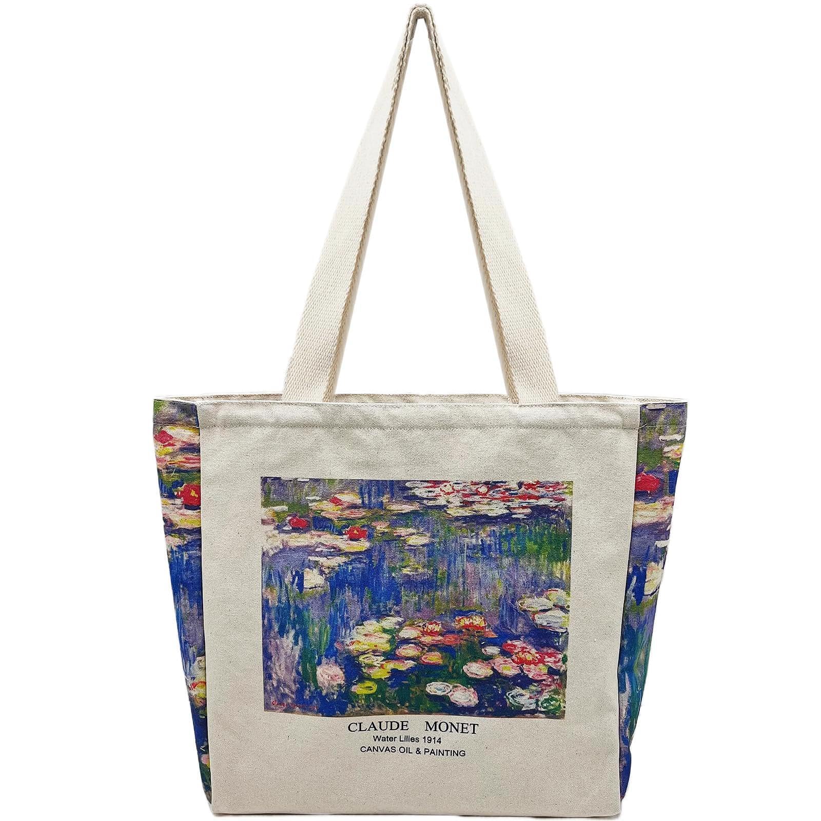 BROADREAM Canvas Tote Bag Aesthetic Shoulder Bag with Zippers and Interior Pocket