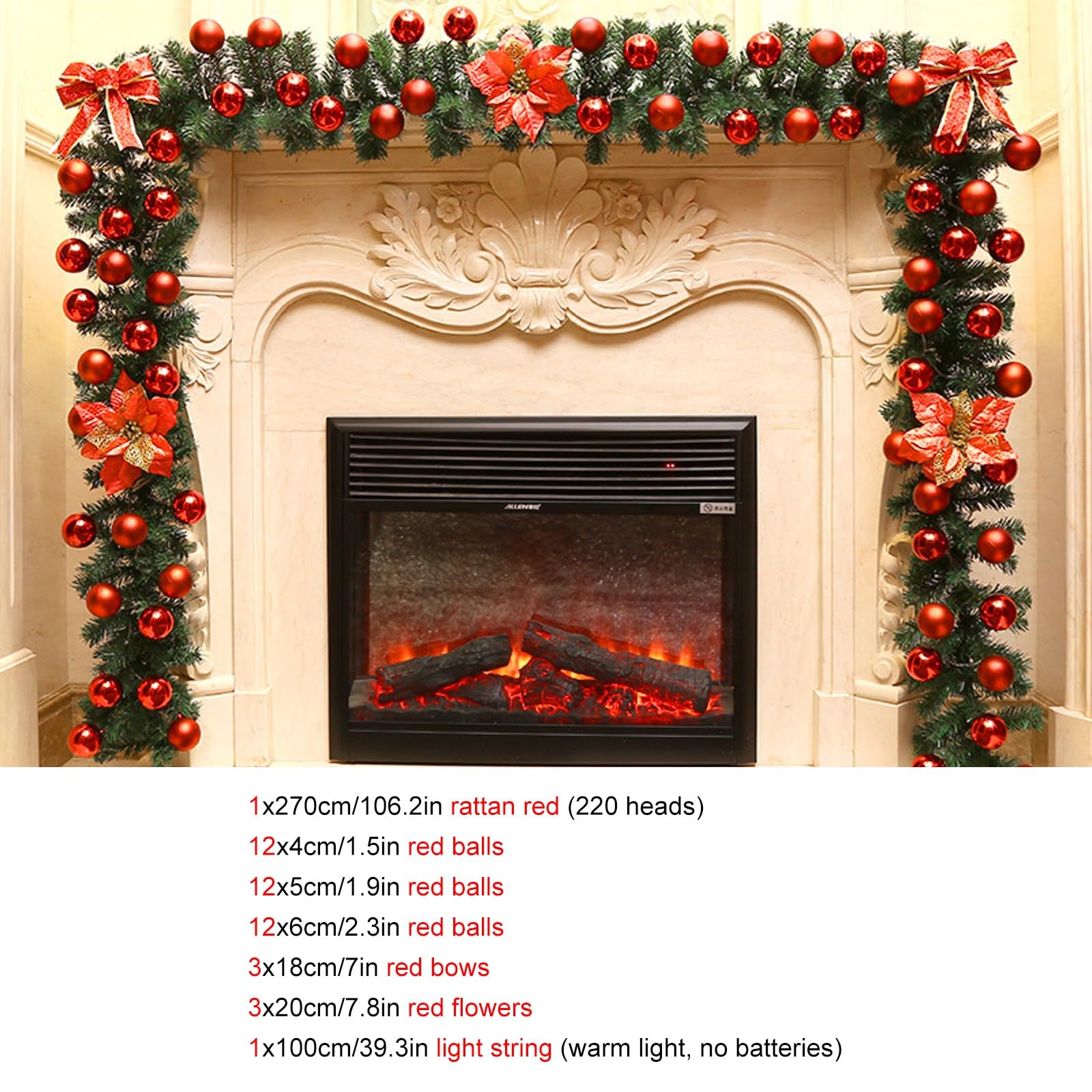 Guirnalda de Manto 9 pies, Plantas Vid Flores navideñas, Guirnalda Artificial, Decoraciones escaleras, decoración del hogar for Chimenea, Puerta(Red)